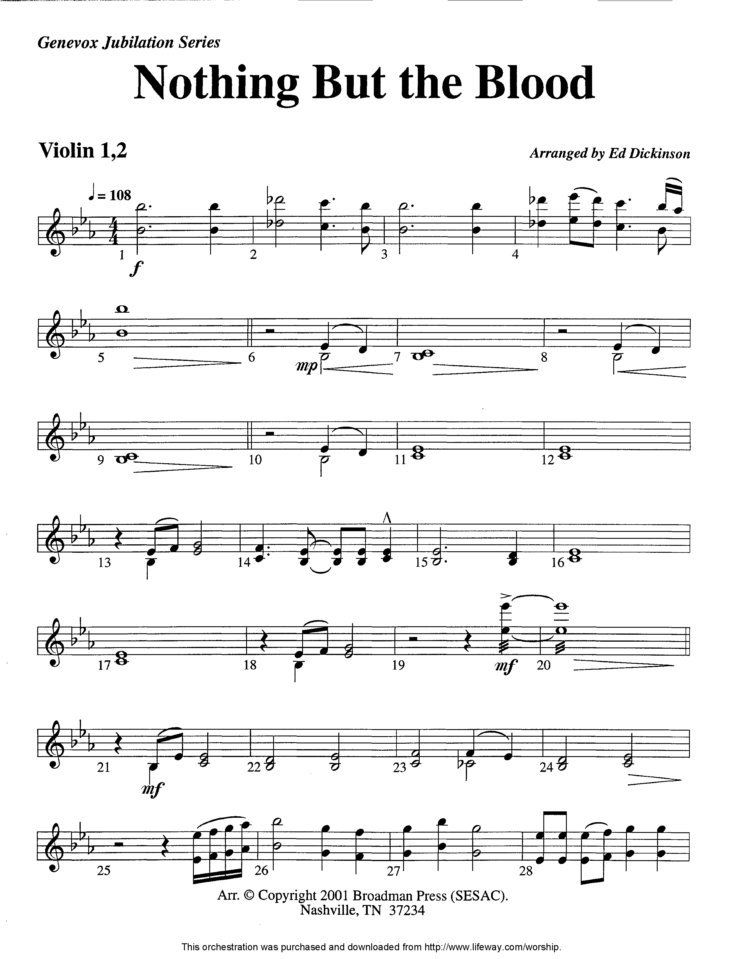 Nothing But The Blood (Instrumental) Violin 1/2 (Lifeway Worship / Arr. Ed Dickinson)