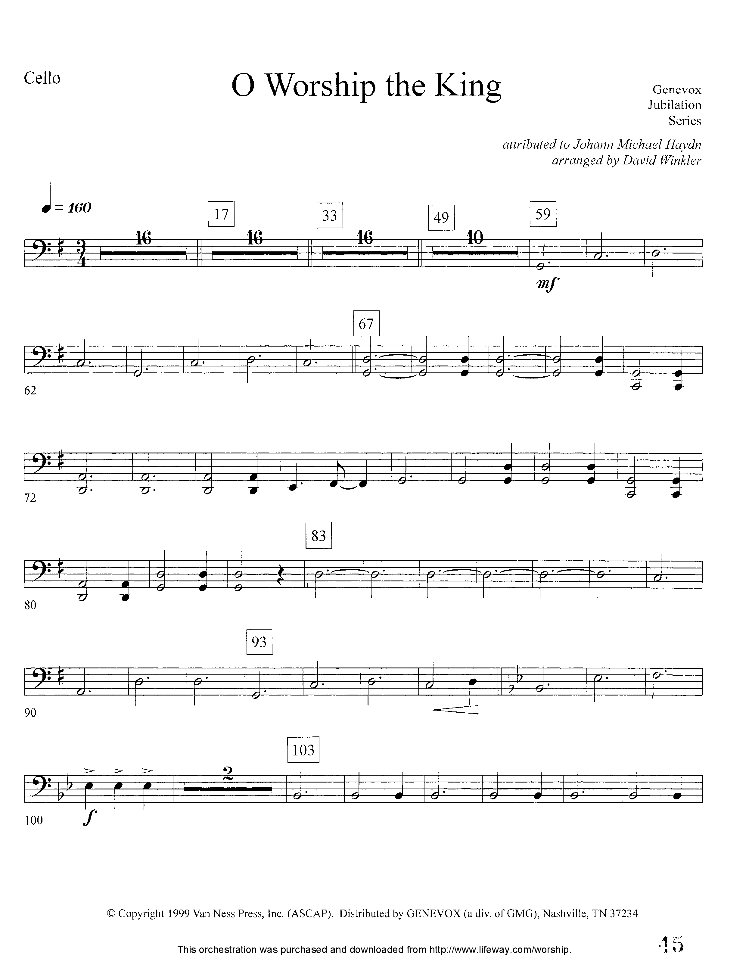 O Worship The King (Instrumental) Cello (Lifeway Worship / Arr. David Winkler)