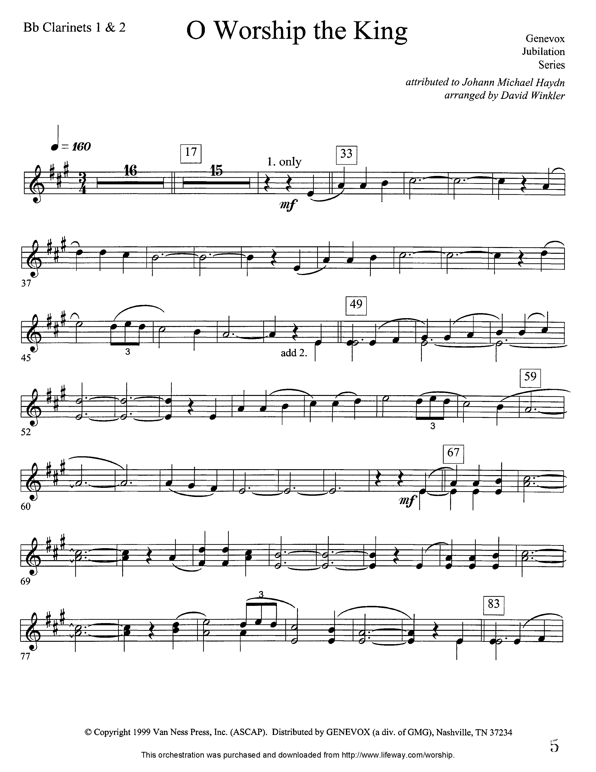 O Worship The King (Instrumental) Clarinet 1/2 (Lifeway Worship / Arr. David Winkler)