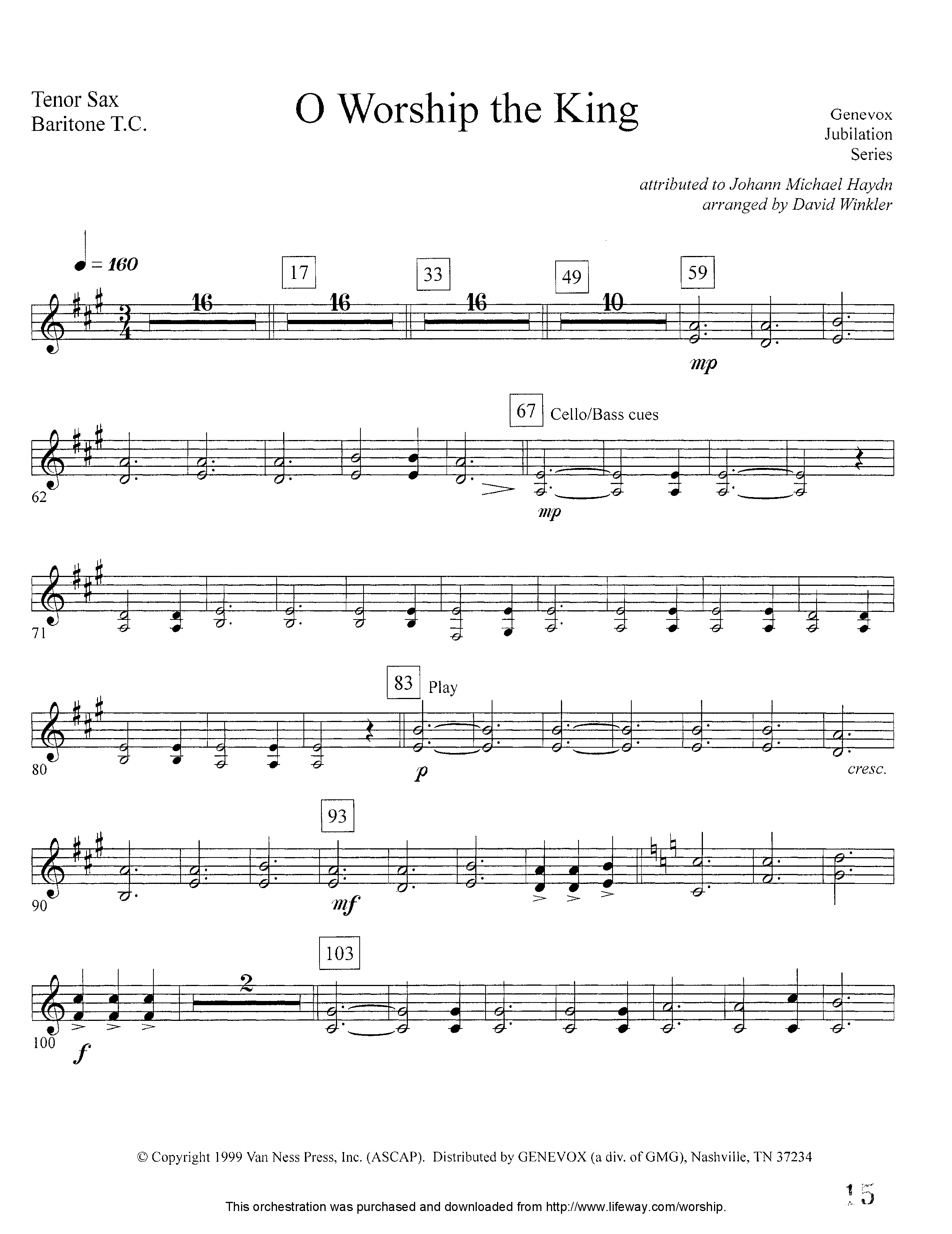 O Worship The King (Instrumental) Tenor Sax/Baritone T.C. (Lifeway Worship / Arr. David Winkler)