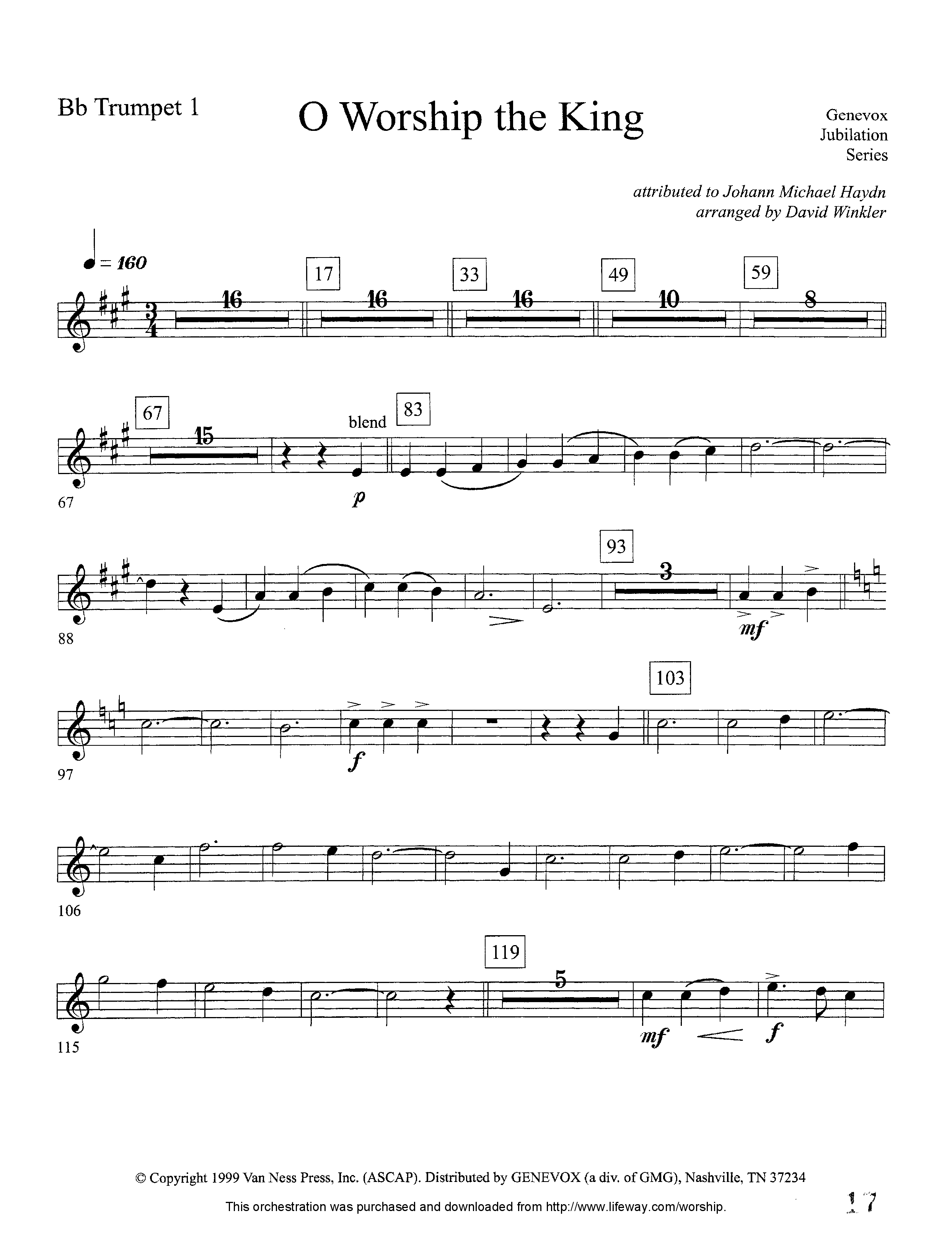 O Worship The King (Instrumental) Trumpet 1 (Lifeway Worship / Arr. David Winkler)