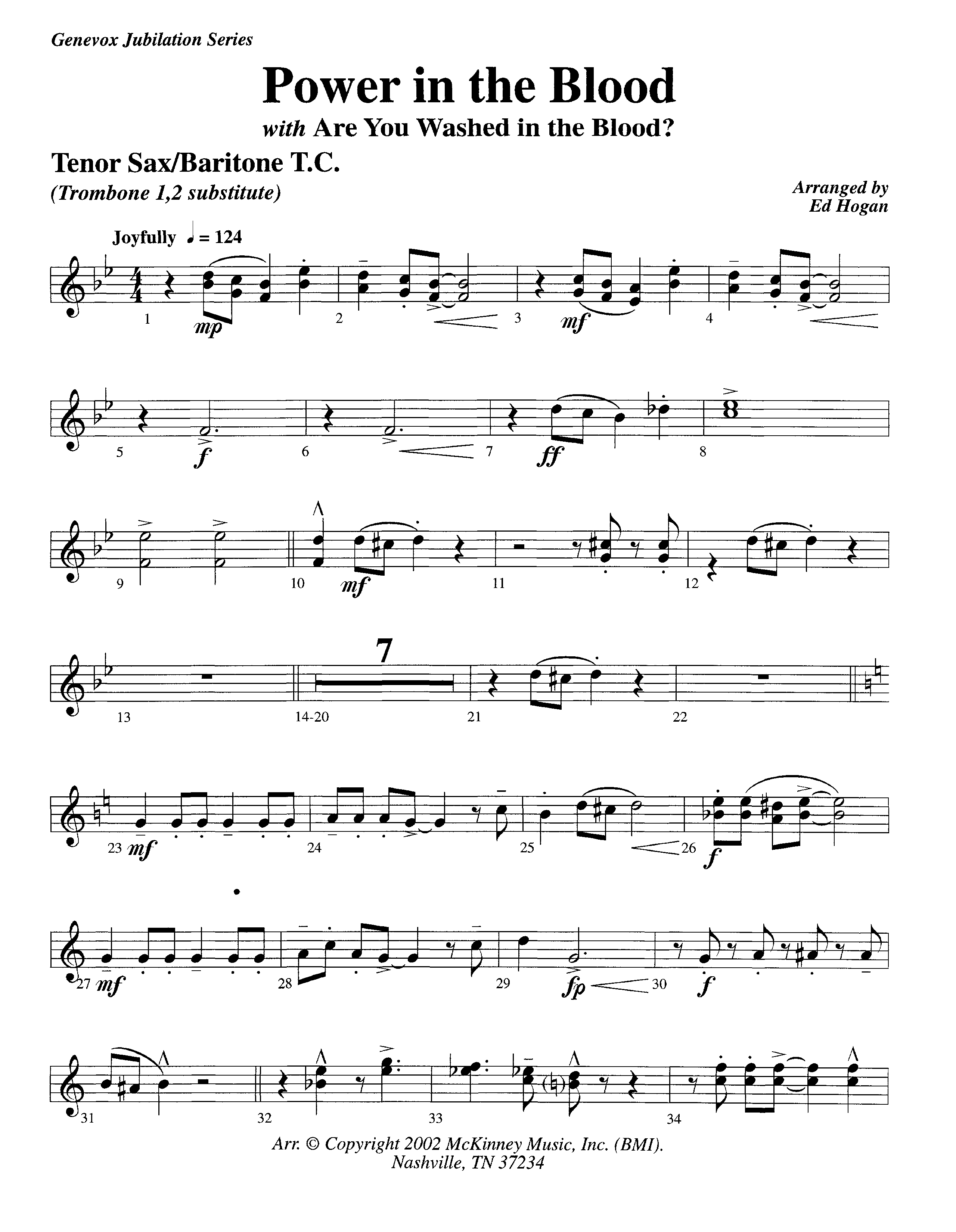 Power In The Blood (with Are You Washed In The Blood) (Instrumental) Tenor Sax/Baritone T.C. (Lifeway Worship / Arr. Ed Hogan)