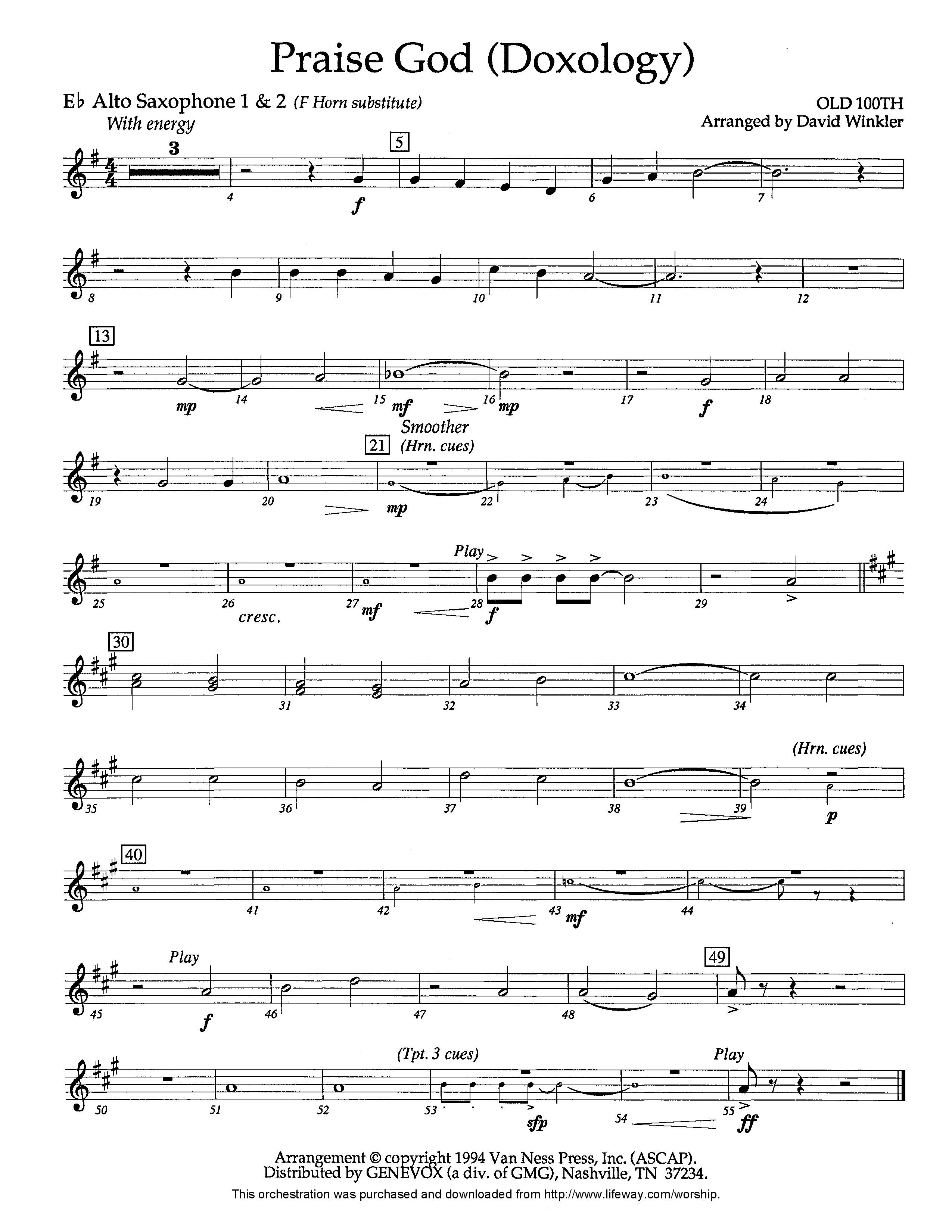 Praise God (Doxology) (Instrumental) Alto Sax 1/2 (Lifeway Worship / Arr. David Winkler)