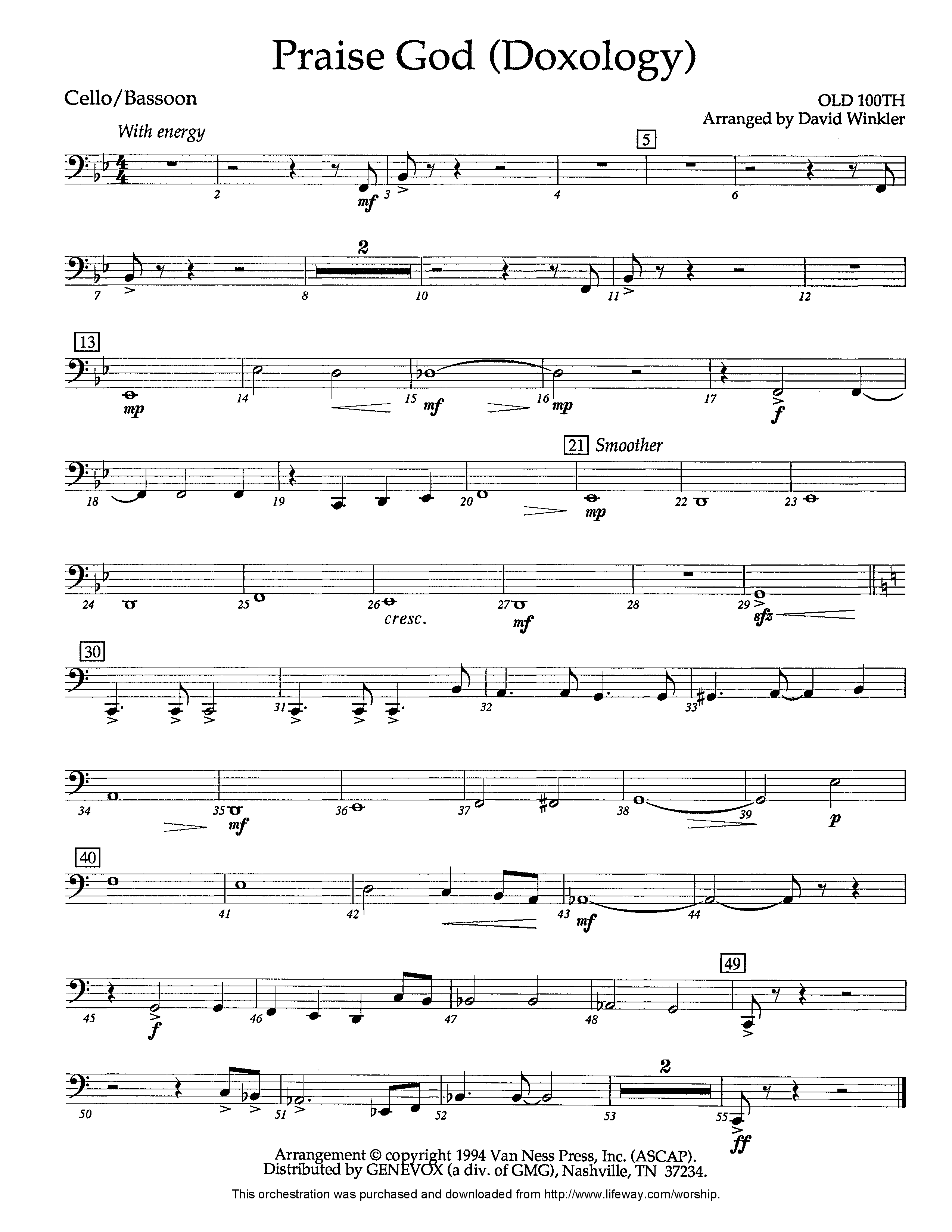 Praise God (Doxology) (Instrumental) Cello (Lifeway Worship / Arr. David Winkler)