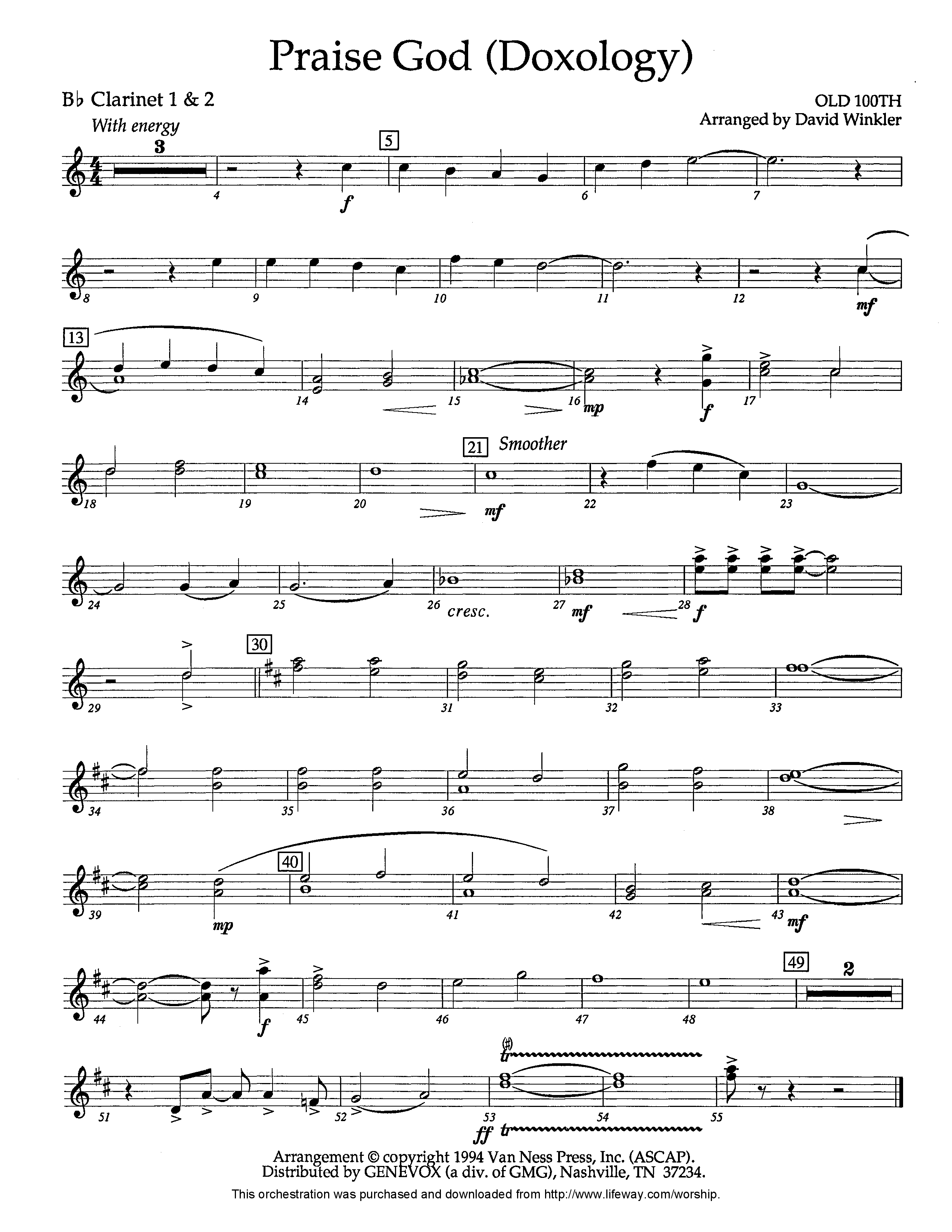 Praise God (Doxology) (Instrumental) Clarinet 1/2 (Lifeway Worship / Arr. David Winkler)