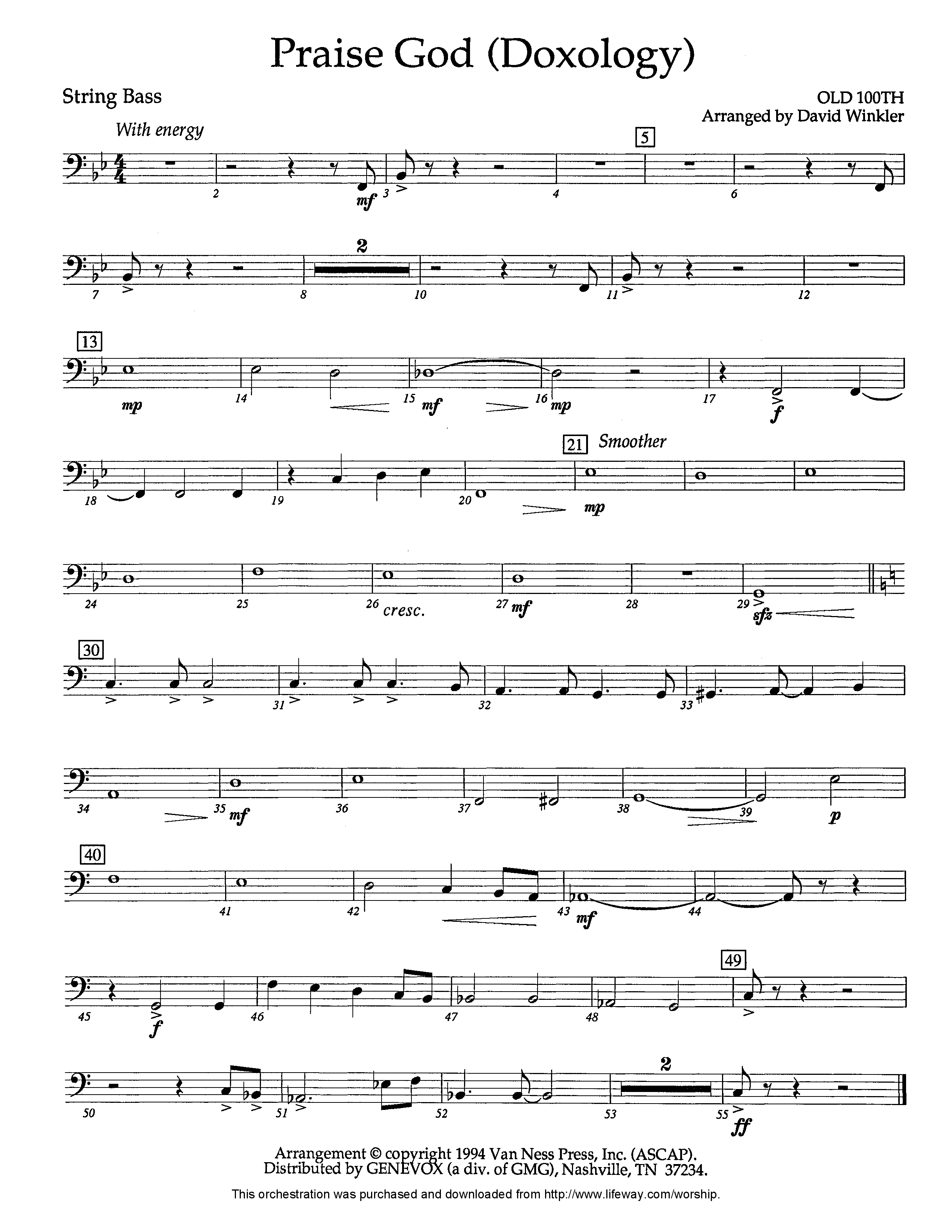 Praise God (Doxology) (Instrumental) Double Bass (Lifeway Worship / Arr. David Winkler)