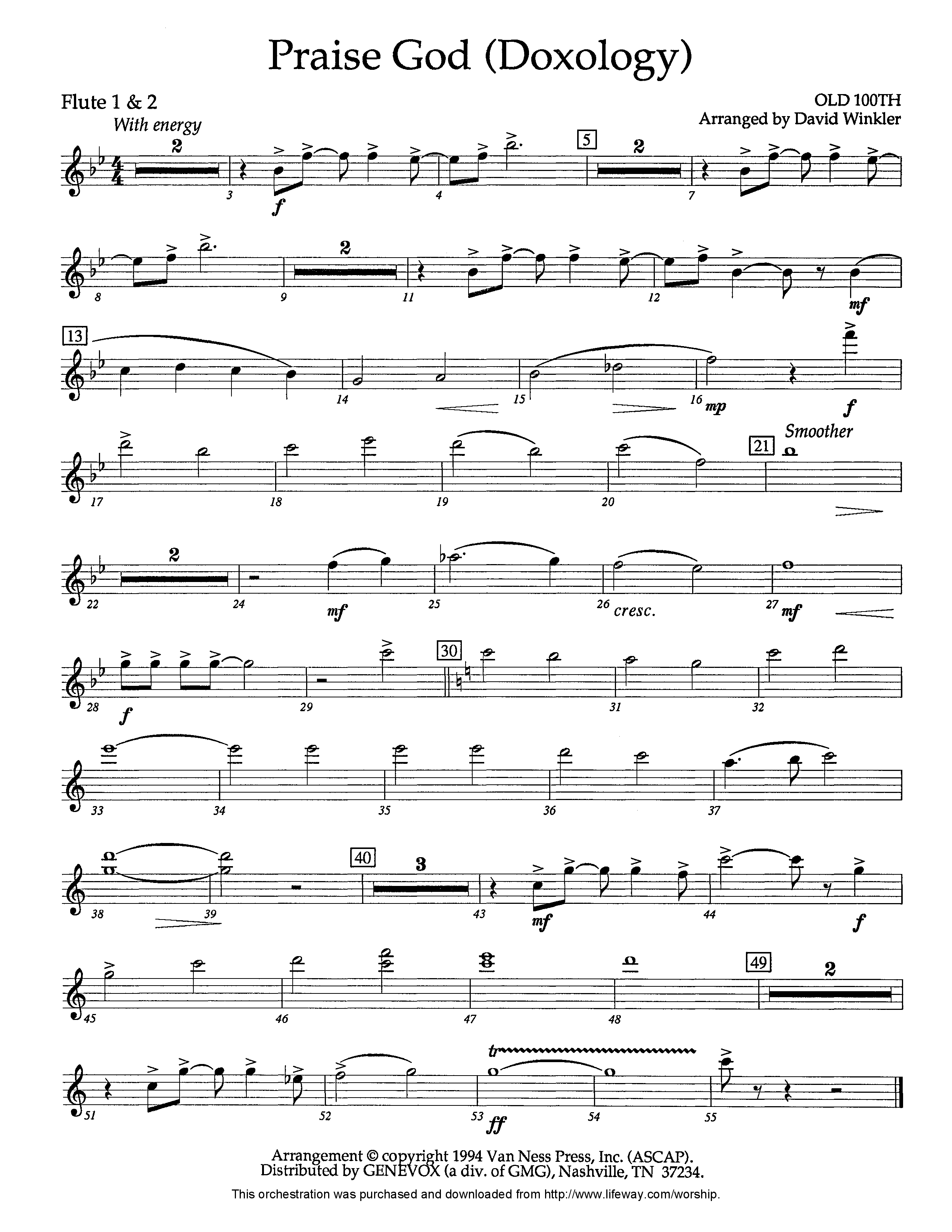 Praise God (Doxology) (Instrumental) Flute 1/2 (Lifeway Worship / Arr. David Winkler)