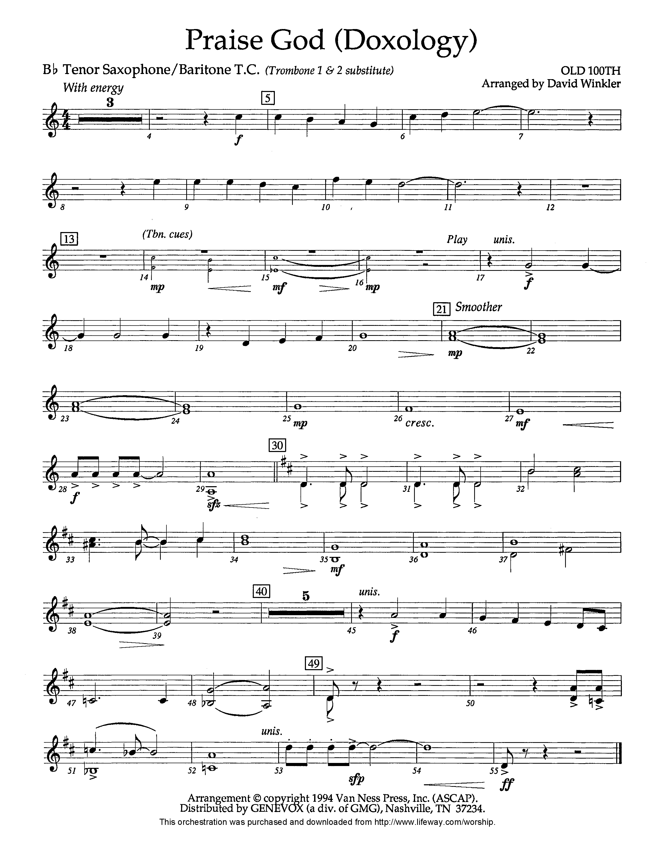 Praise God (Doxology) (Instrumental) Tenor Sax/Baritone T.C. (Lifeway Worship / Arr. David Winkler)