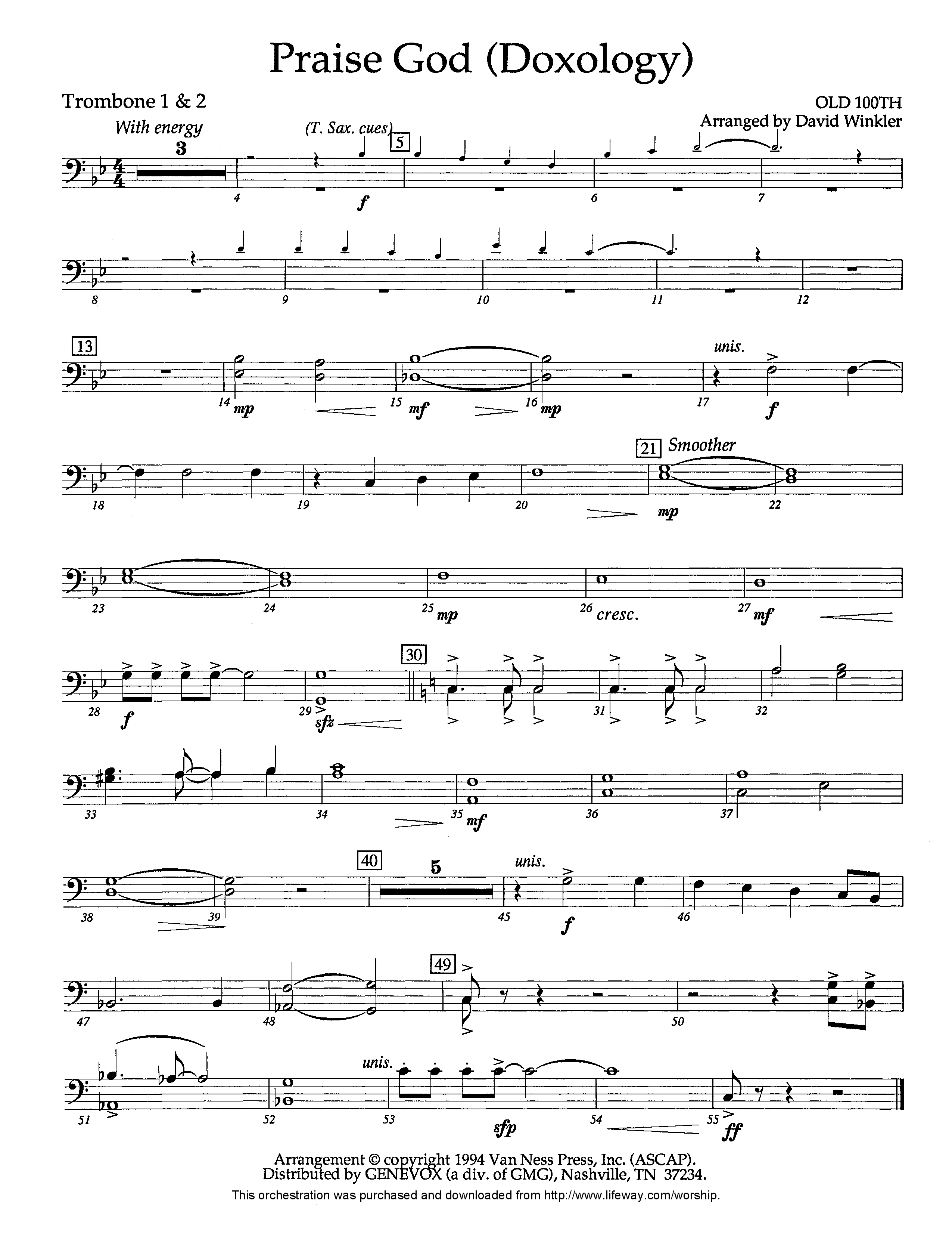 Praise God (Doxology) (Instrumental) Trombone 1/2 (Lifeway Worship / Arr. David Winkler)