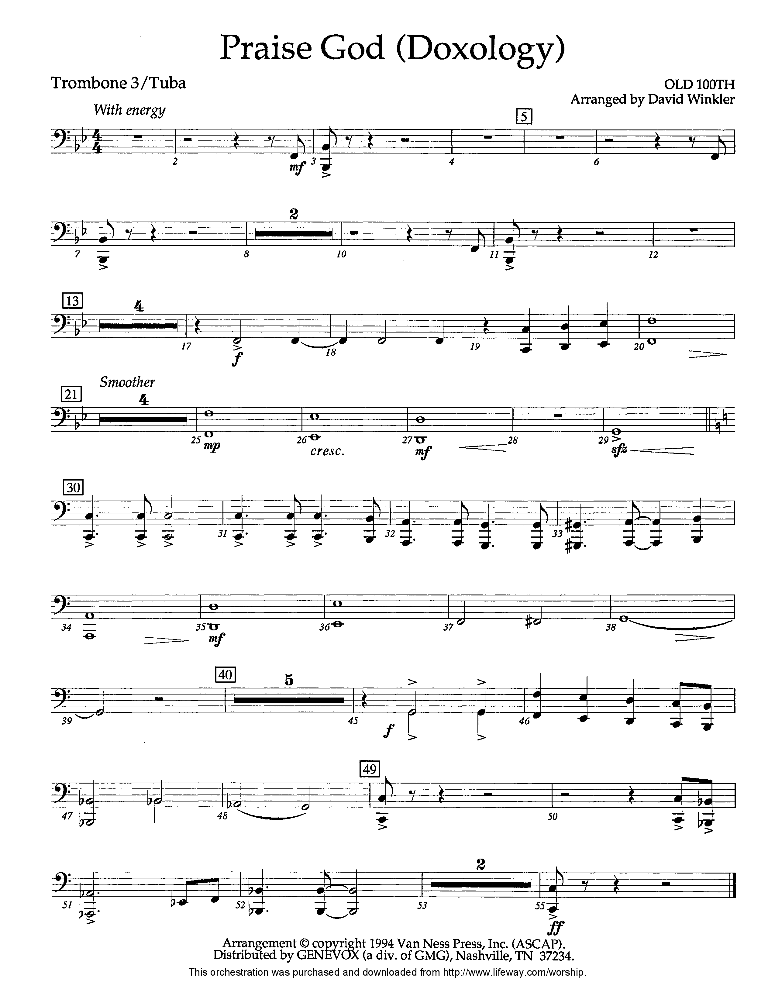 Praise God (Doxology) (Instrumental) Trombone 3/Tuba (Lifeway Worship / Arr. David Winkler)