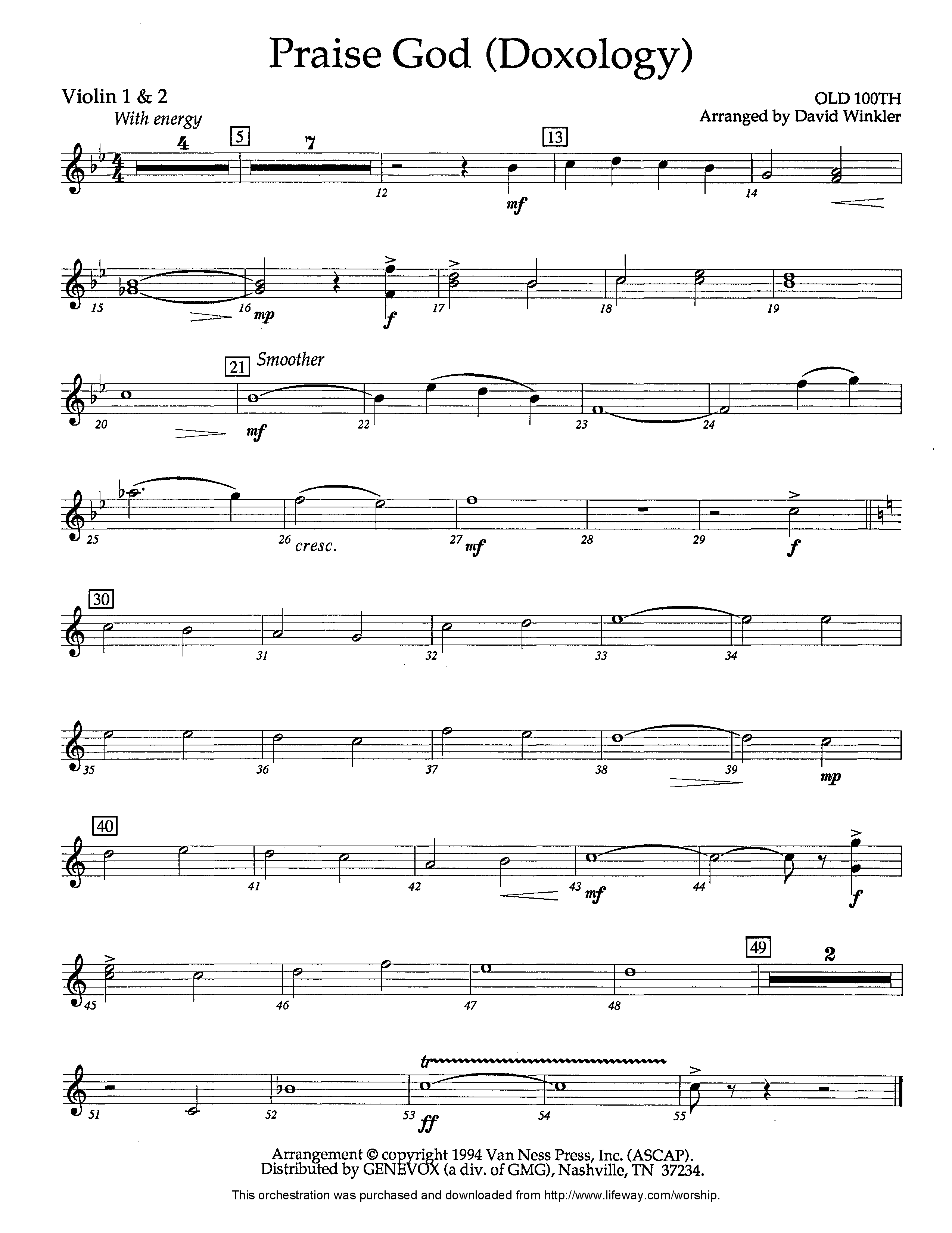 Praise God (Doxology) (Instrumental) Violin 1/2 (Lifeway Worship / Arr. David Winkler)