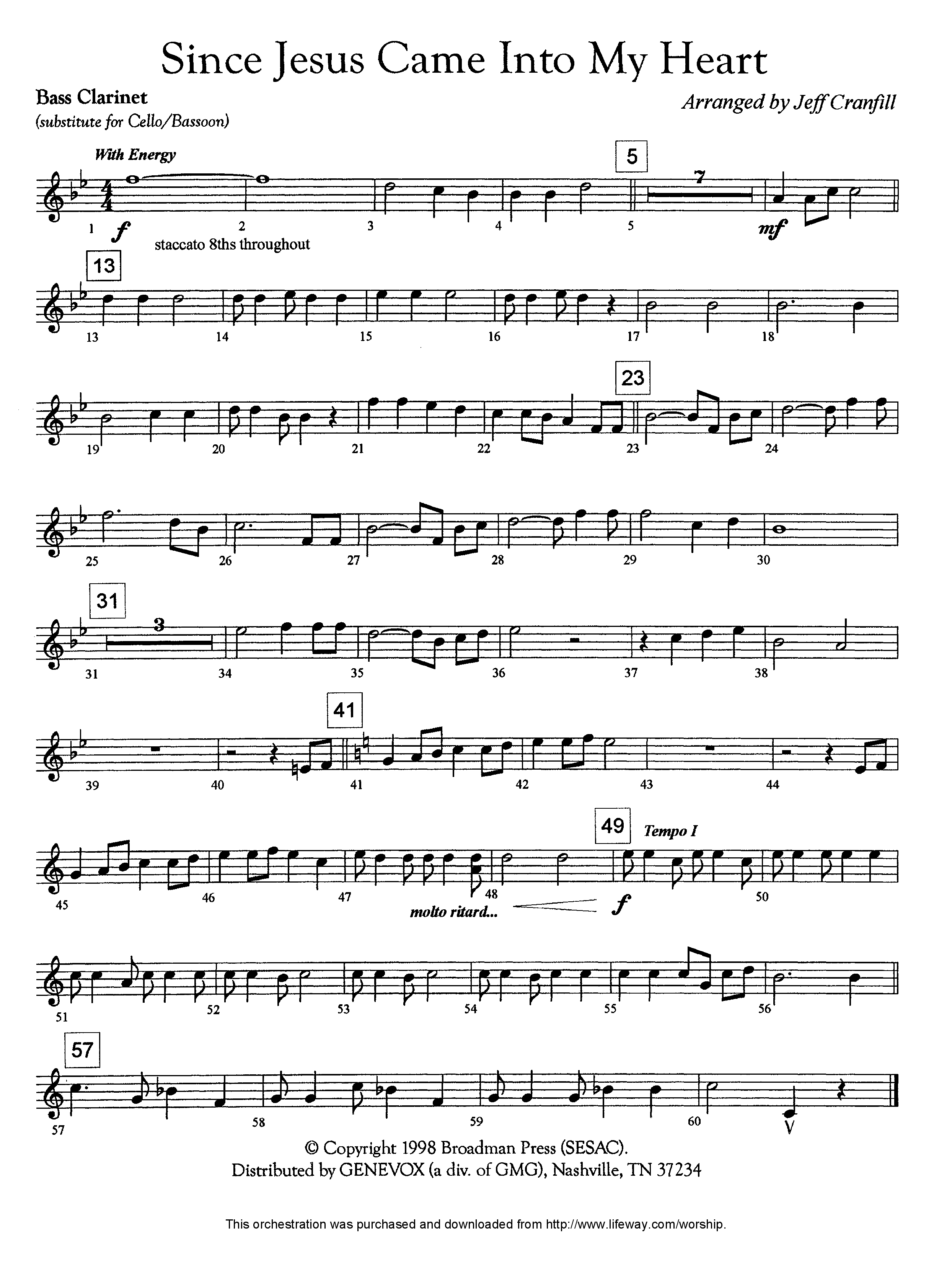 Since Jesus Came Into My Heart (Instrumental) Bass Clarinet (Lifeway Worship / Arr. Jeff Cranfill)