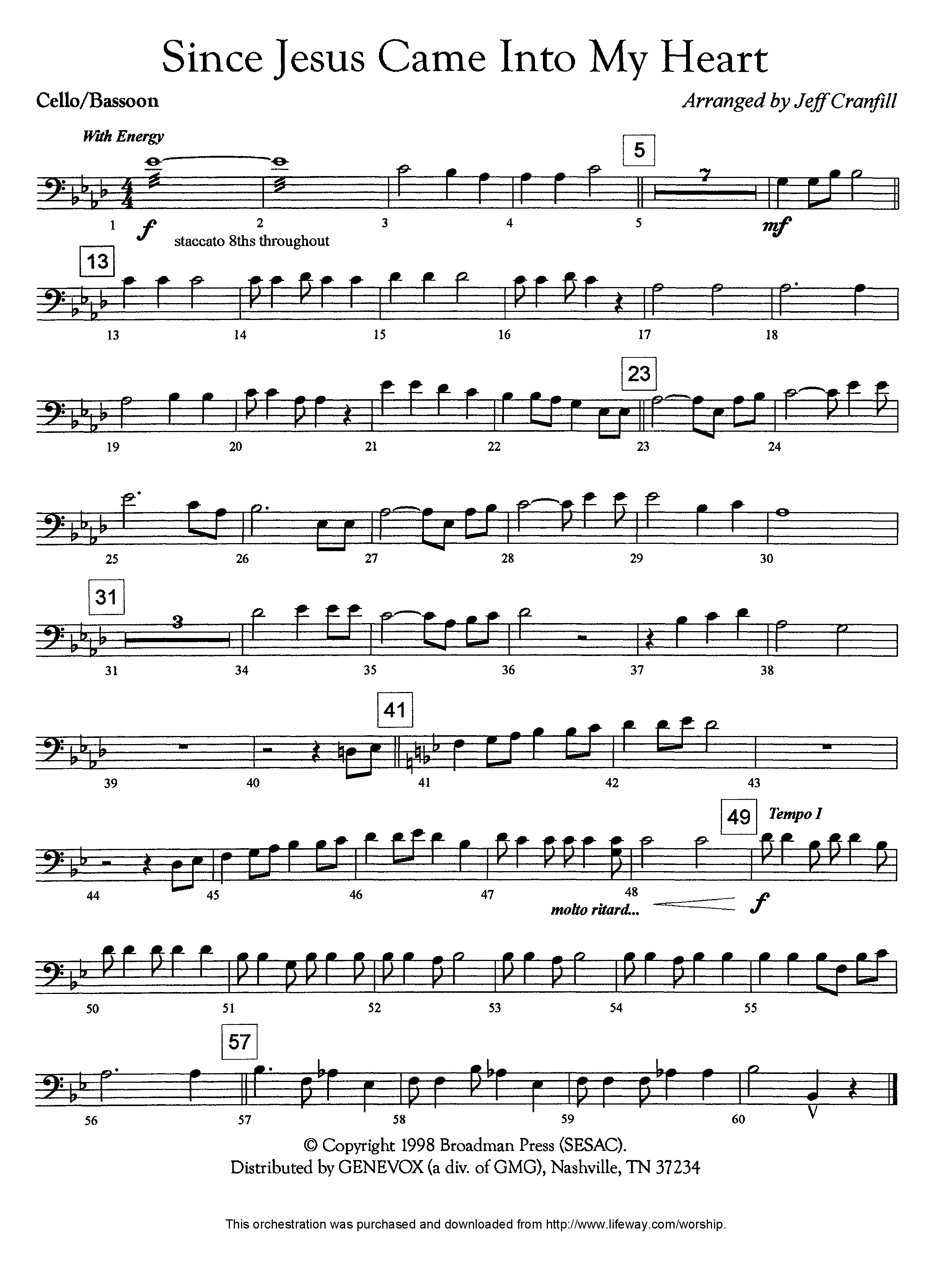 Since Jesus Came Into My Heart (Instrumental) Cello (Lifeway Worship / Arr. Jeff Cranfill)