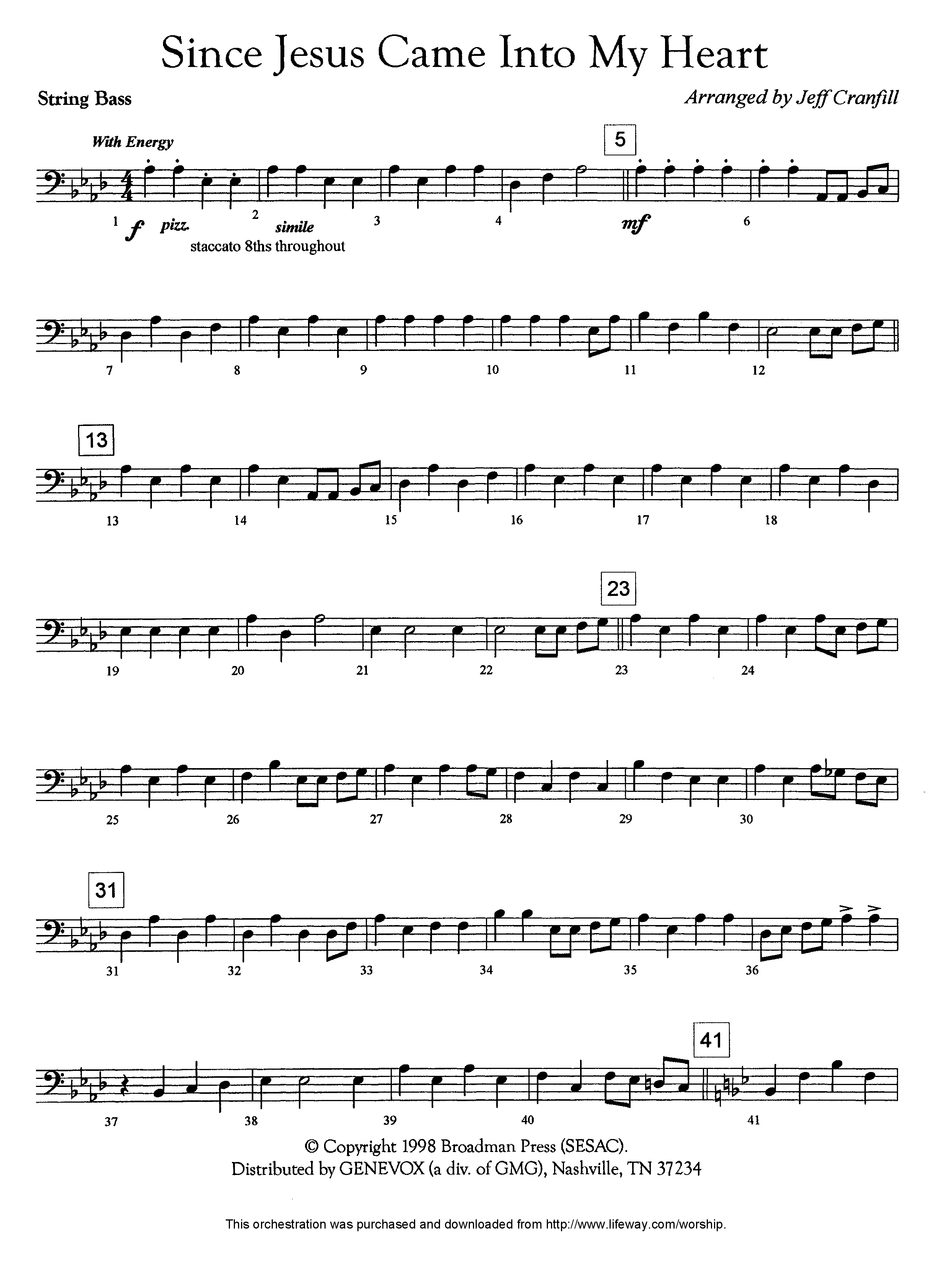 Since Jesus Came Into My Heart (Instrumental) Double Bass (Lifeway Worship / Arr. Jeff Cranfill)