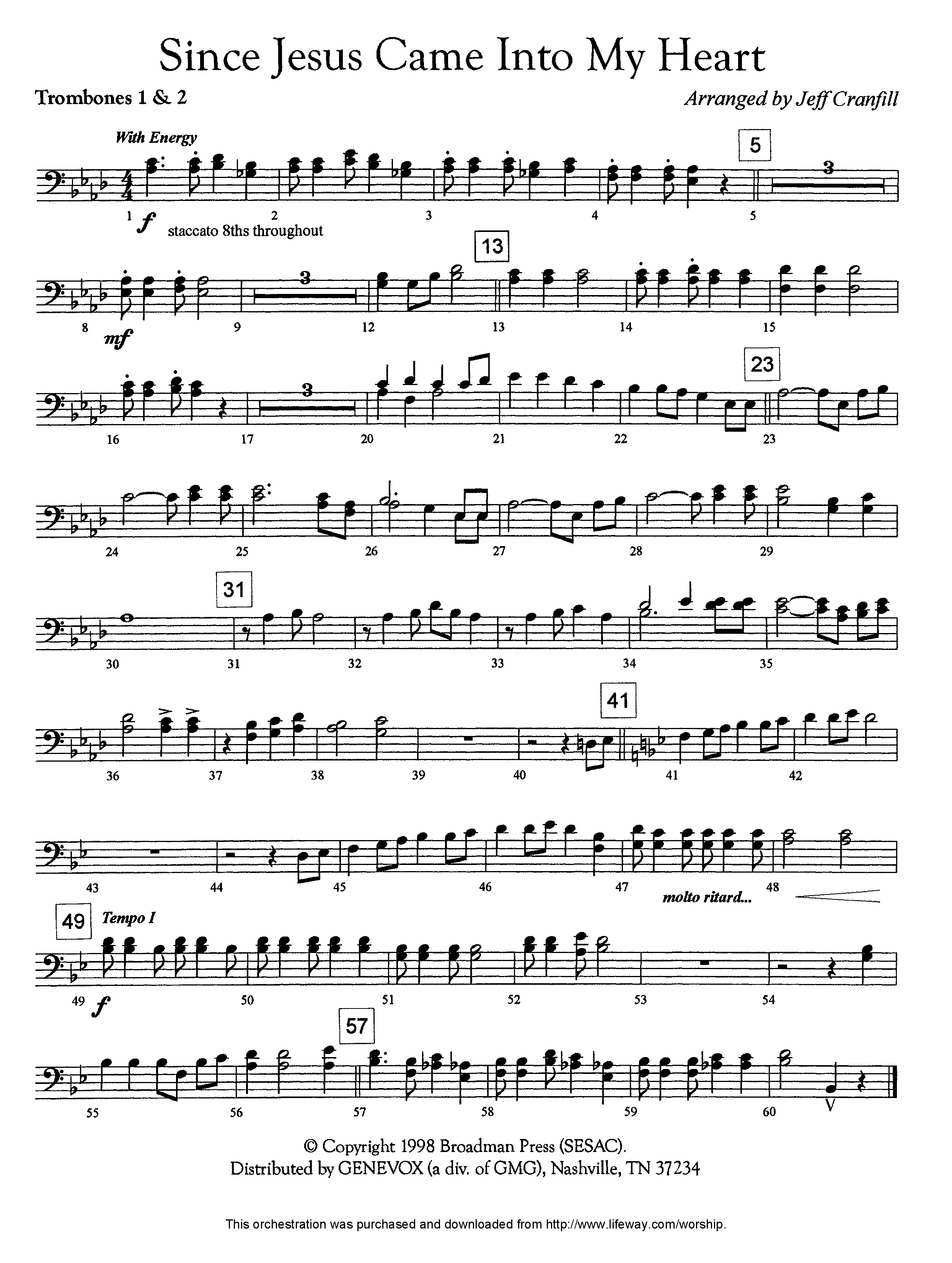Since Jesus Came Into My Heart (Instrumental) Trombone 1/2 (Lifeway Worship / Arr. Jeff Cranfill)