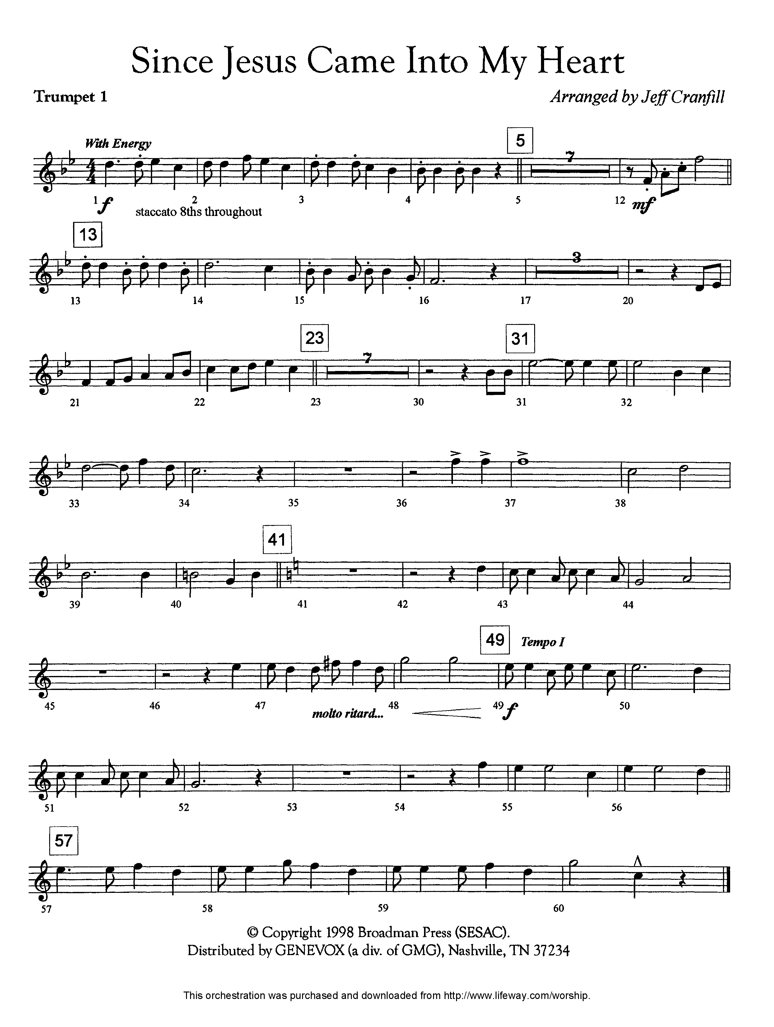 Since Jesus Came Into My Heart (Instrumental) Trumpet 1 (Lifeway Worship / Arr. Jeff Cranfill)