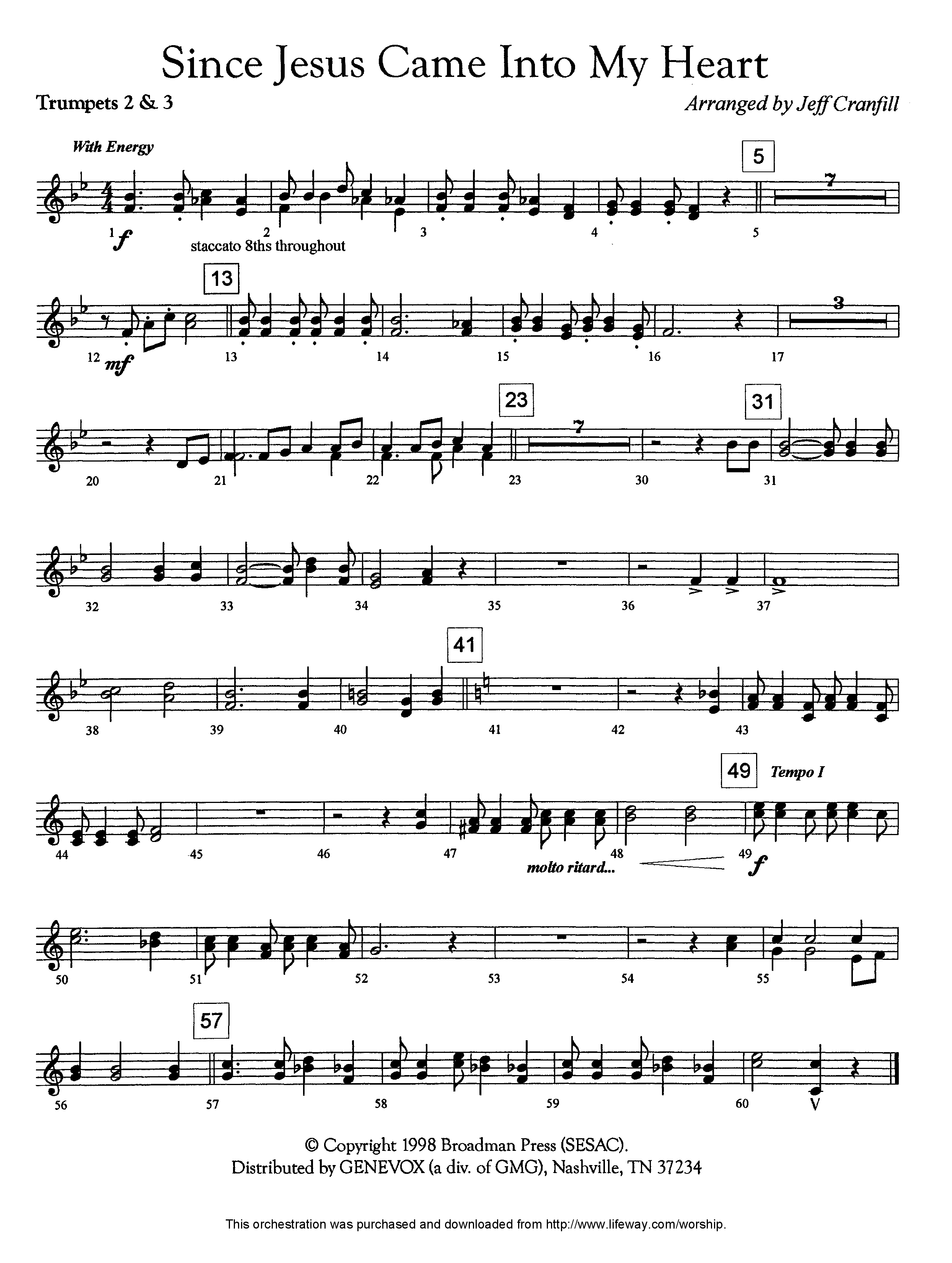 Since Jesus Came Into My Heart (Instrumental) Trumpet 2/3 (Lifeway Worship / Arr. Jeff Cranfill)