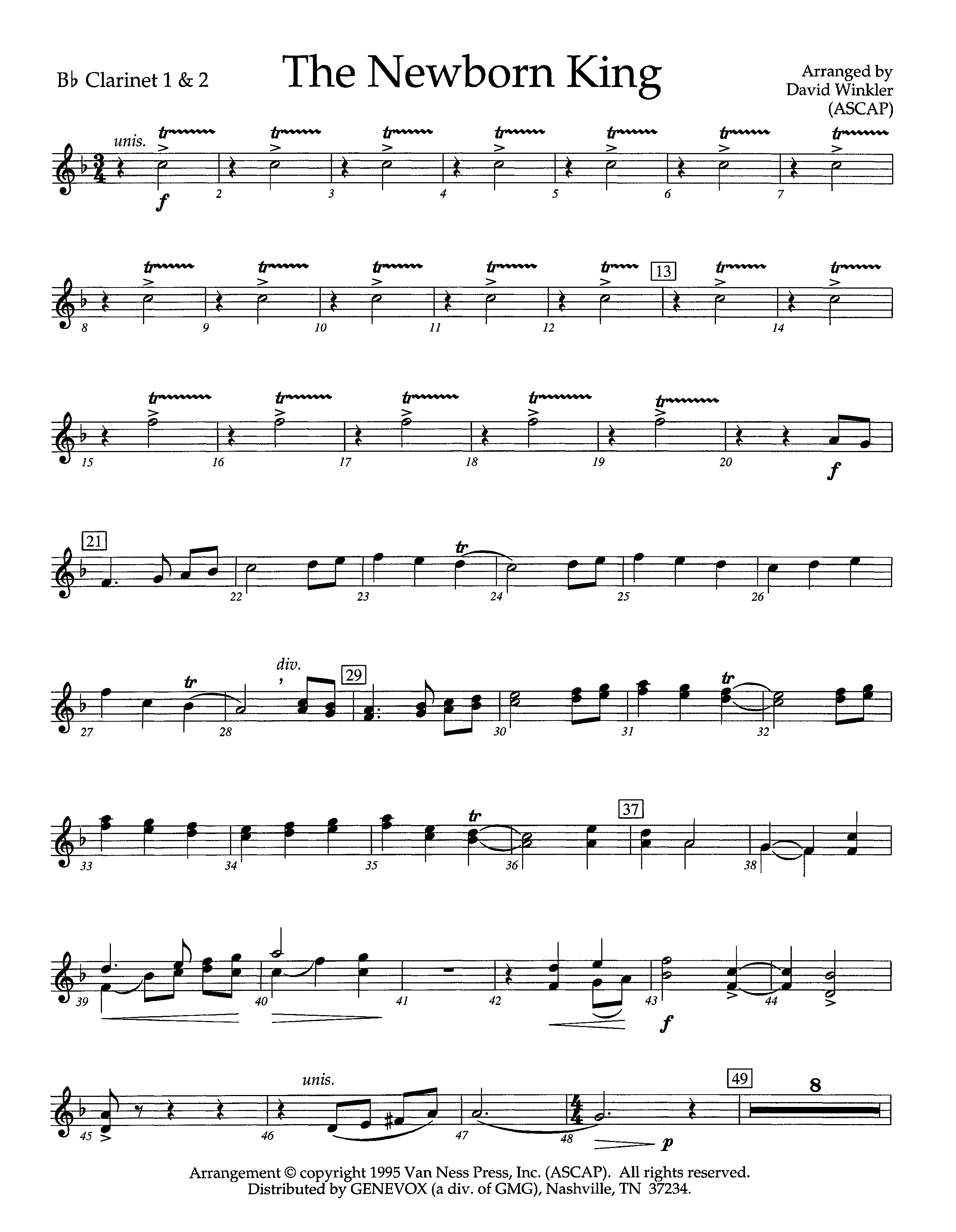 The Newborn King (Instrumental) Clarinet 1/2 (Lifeway Worship / Arr. David Winkler)