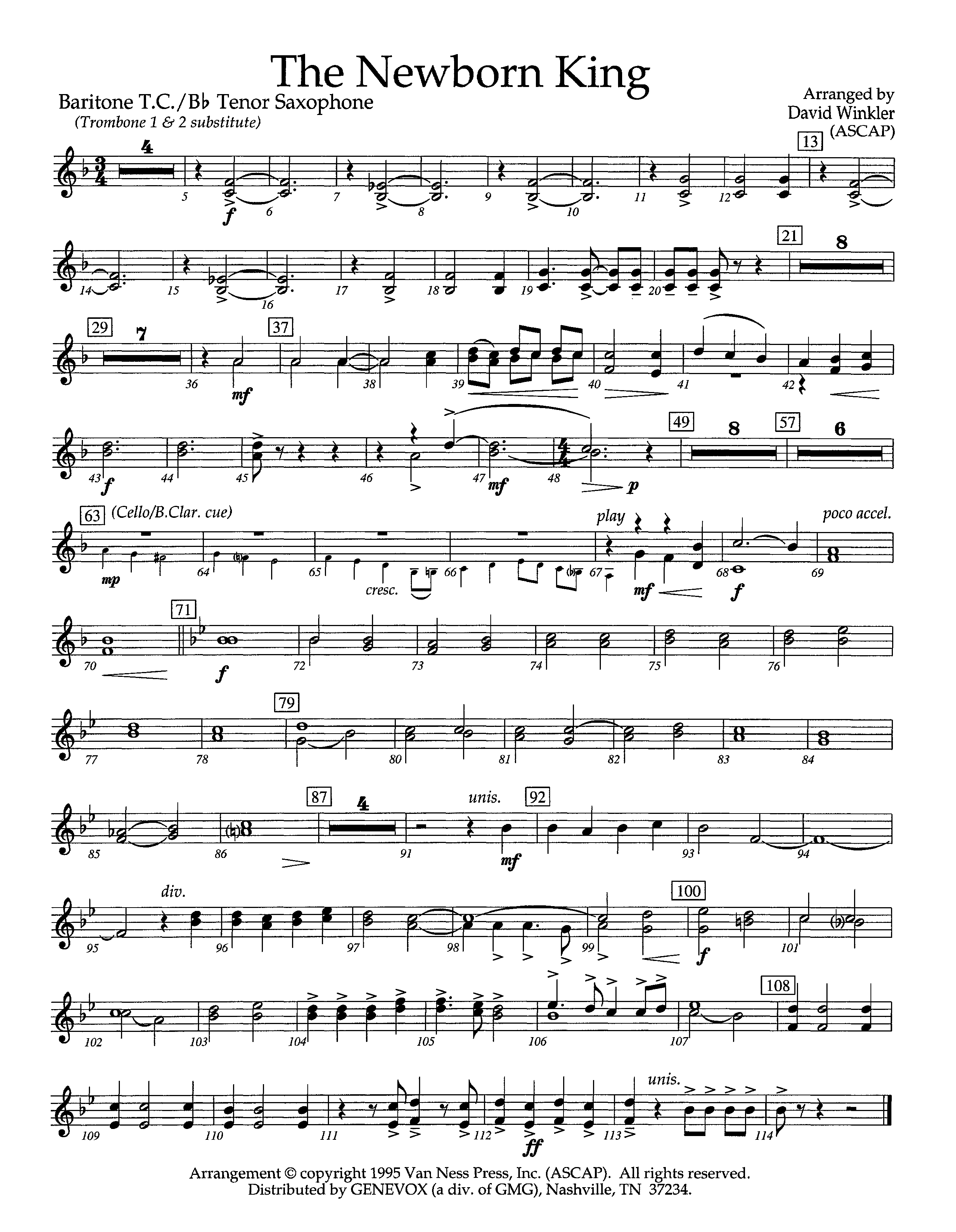 The Newborn King (Instrumental) Tenor Sax/Baritone T.C. (Lifeway Worship / Arr. David Winkler)