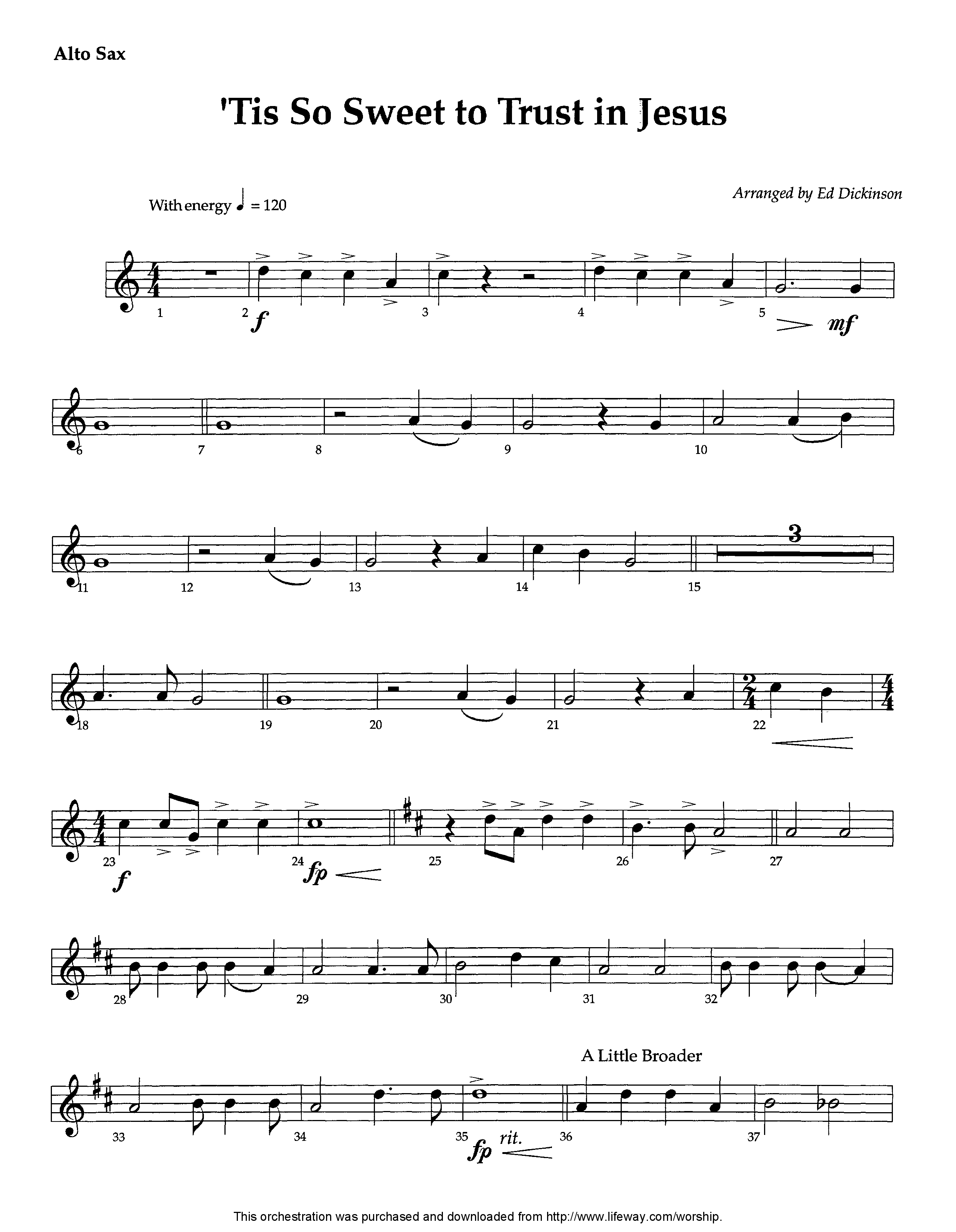Tis So Sweet To Trust In Jesus (Instrumental) Alto Sax (Lifeway Worship / Arr. Ed Dickinson)