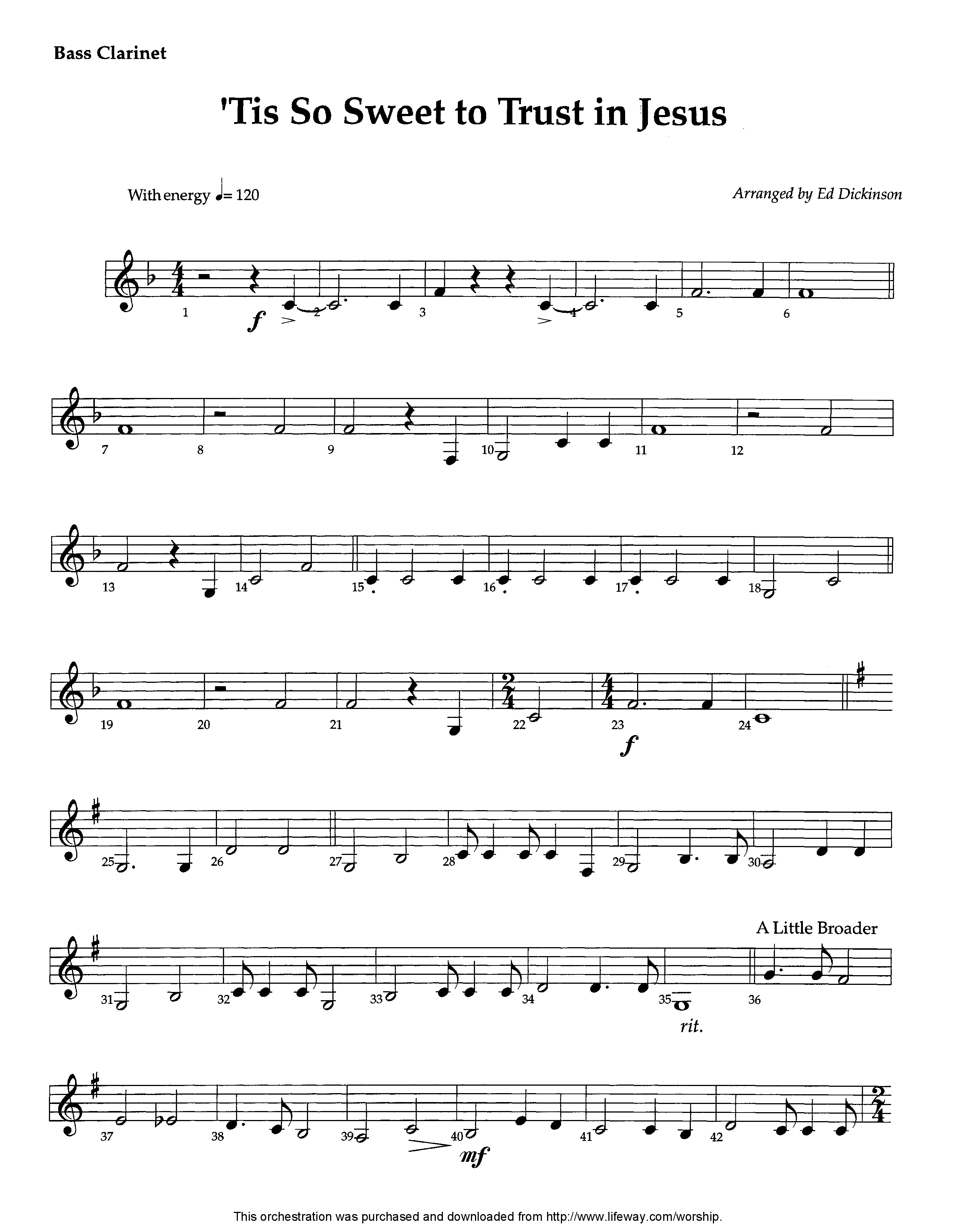 Tis So Sweet To Trust In Jesus (Instrumental) Bass Clarinet (Lifeway Worship / Arr. Ed Dickinson)