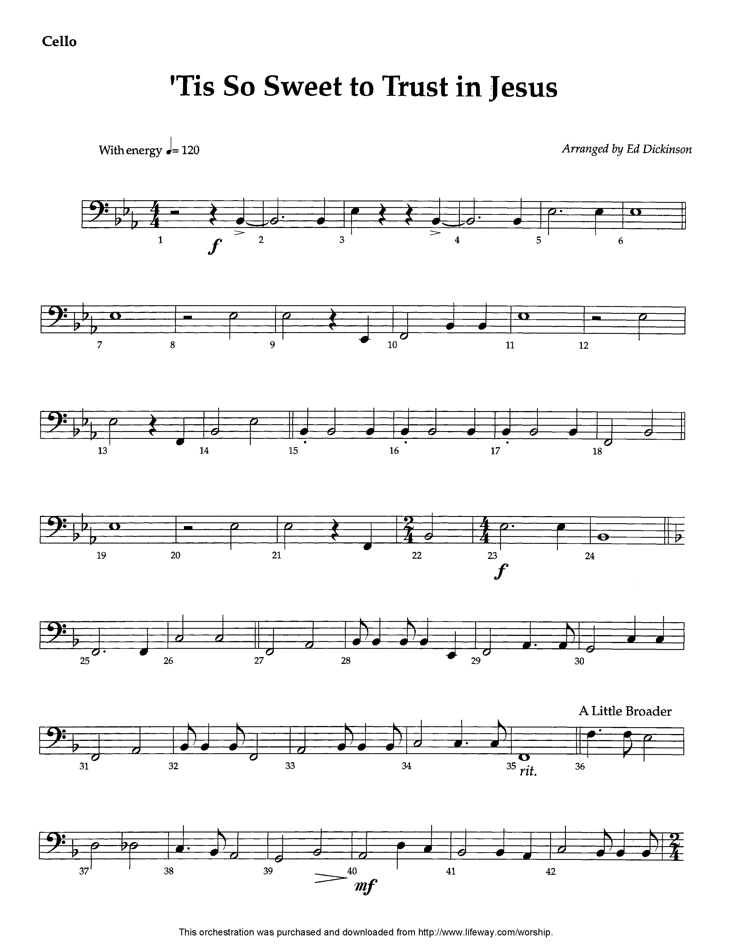 Tis So Sweet To Trust In Jesus (Instrumental) Cello (Lifeway Worship / Arr. Ed Dickinson)