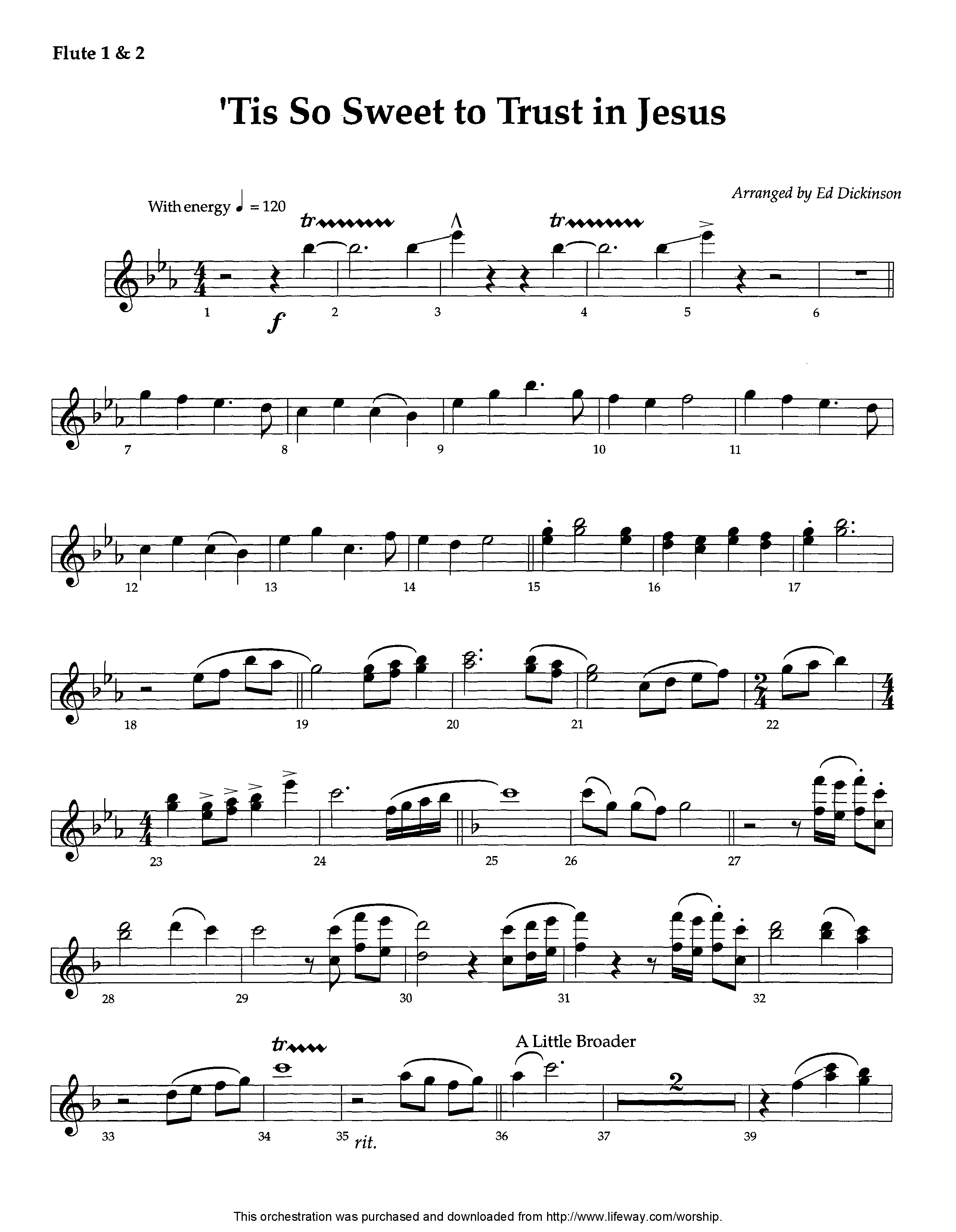 Tis So Sweet To Trust In Jesus (Instrumental) Flute 1/2 (Lifeway Worship / Arr. Ed Dickinson)