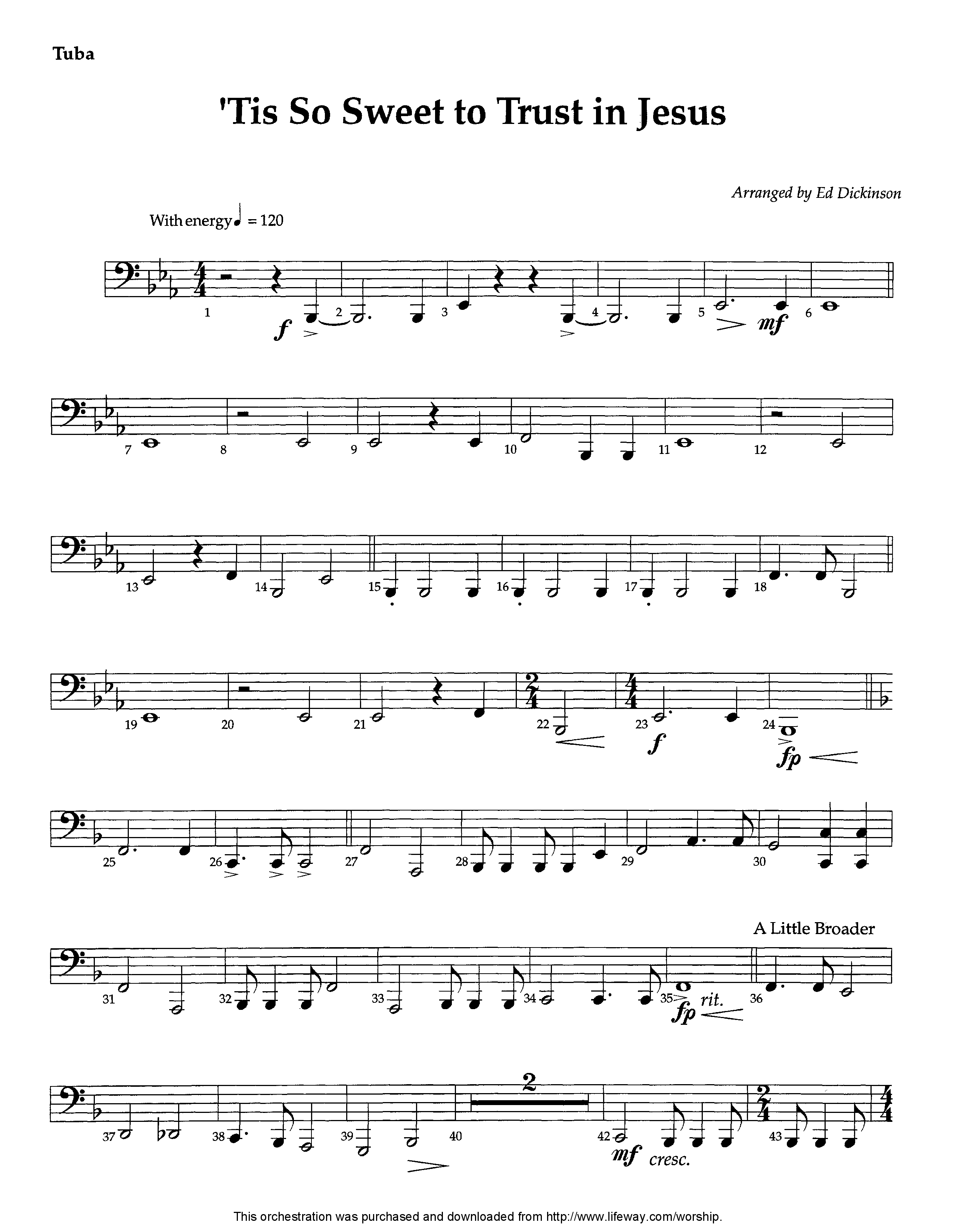 Tis So Sweet To Trust In Jesus (Instrumental) Tuba (Lifeway Worship / Arr. Ed Dickinson)