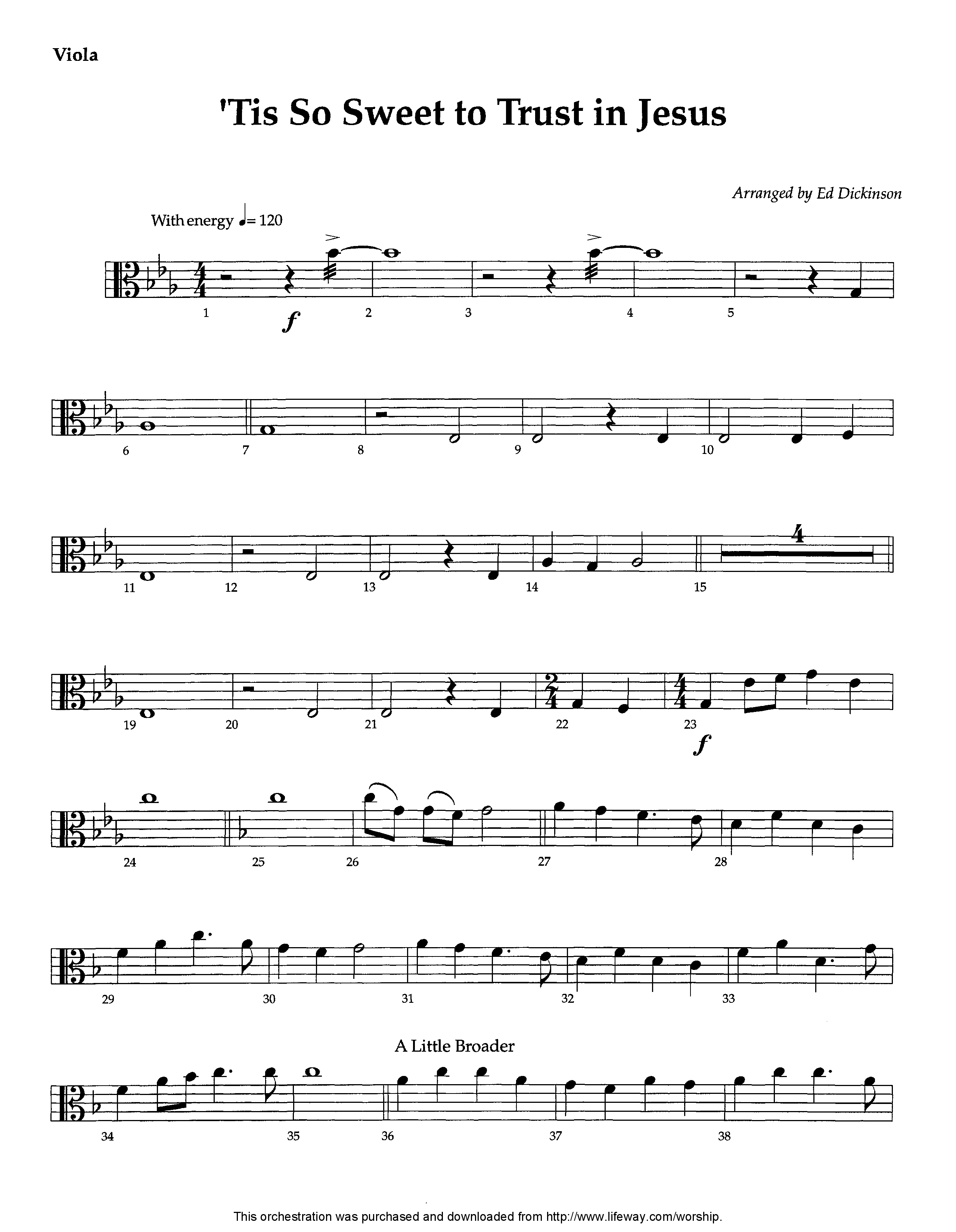 Tis So Sweet To Trust In Jesus (Instrumental) Viola (Lifeway Worship / Arr. Ed Dickinson)
