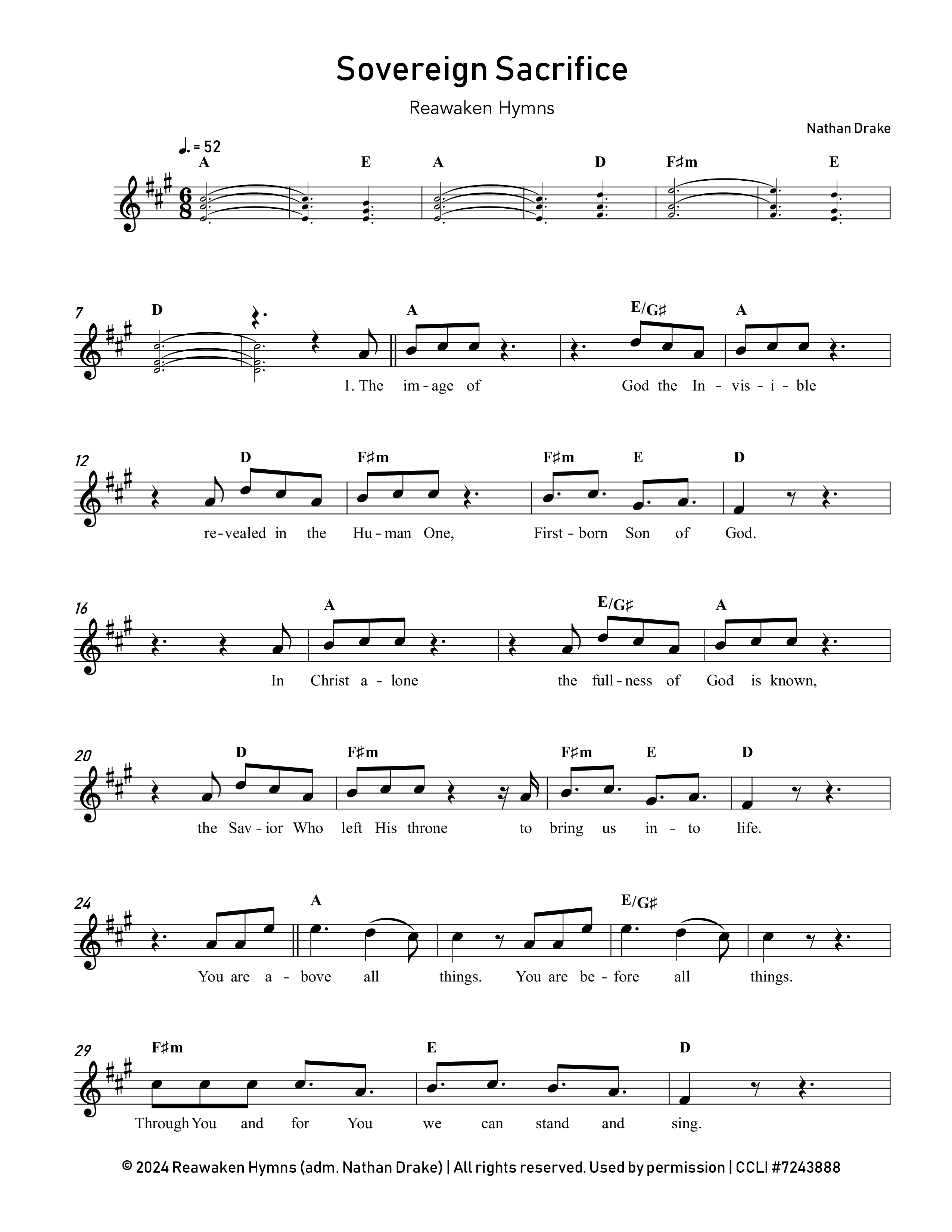 Sovereign Sacrifice Lead Sheet Melody (Reawaken Hymns)