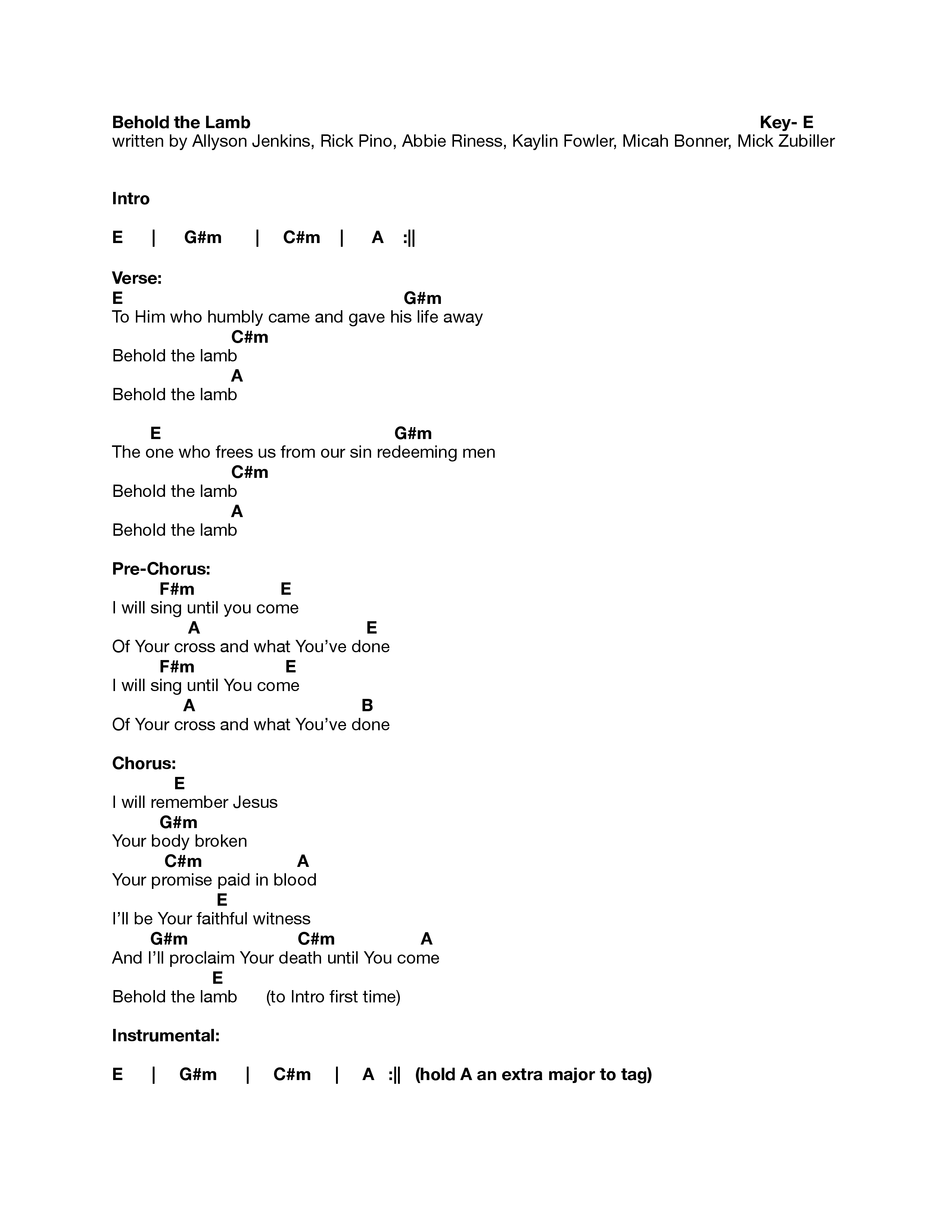 Behold The Lamb Chord Chart (Heart Of The Father Worship)