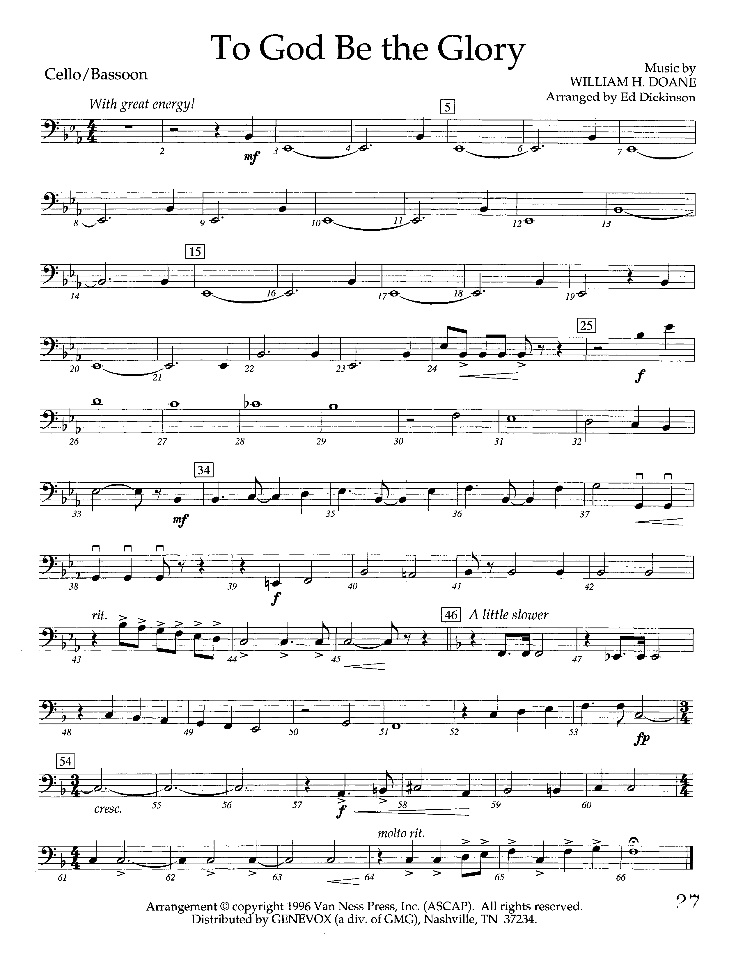 To God Be The Glory (Instrumental) Cello (Lifeway Worship / Arr. Ed Dickinson)