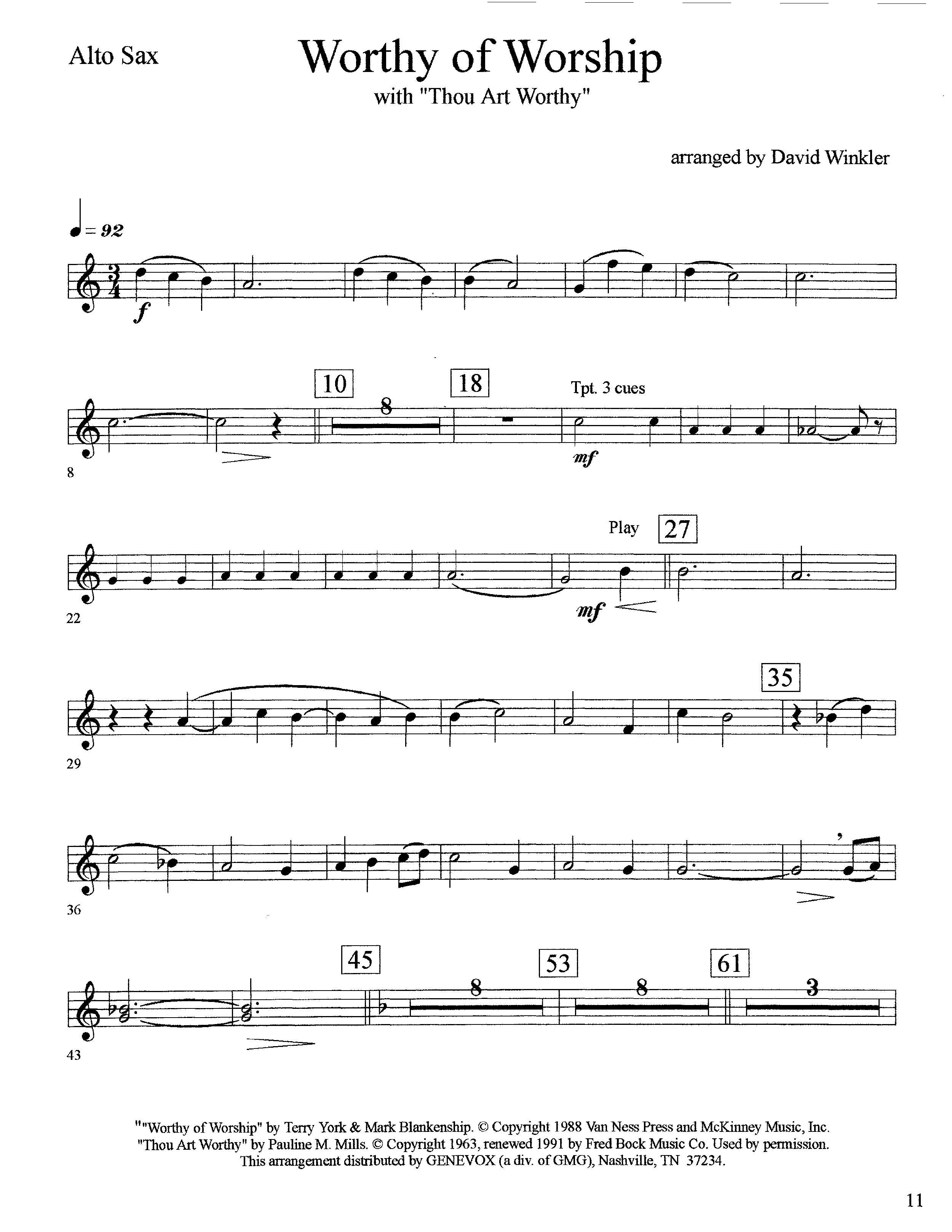 Worthy Of Worship (with Thou Art Worthy) (Instrumental) Alto Sax (Lifeway Worship / Arr. David Winkler)