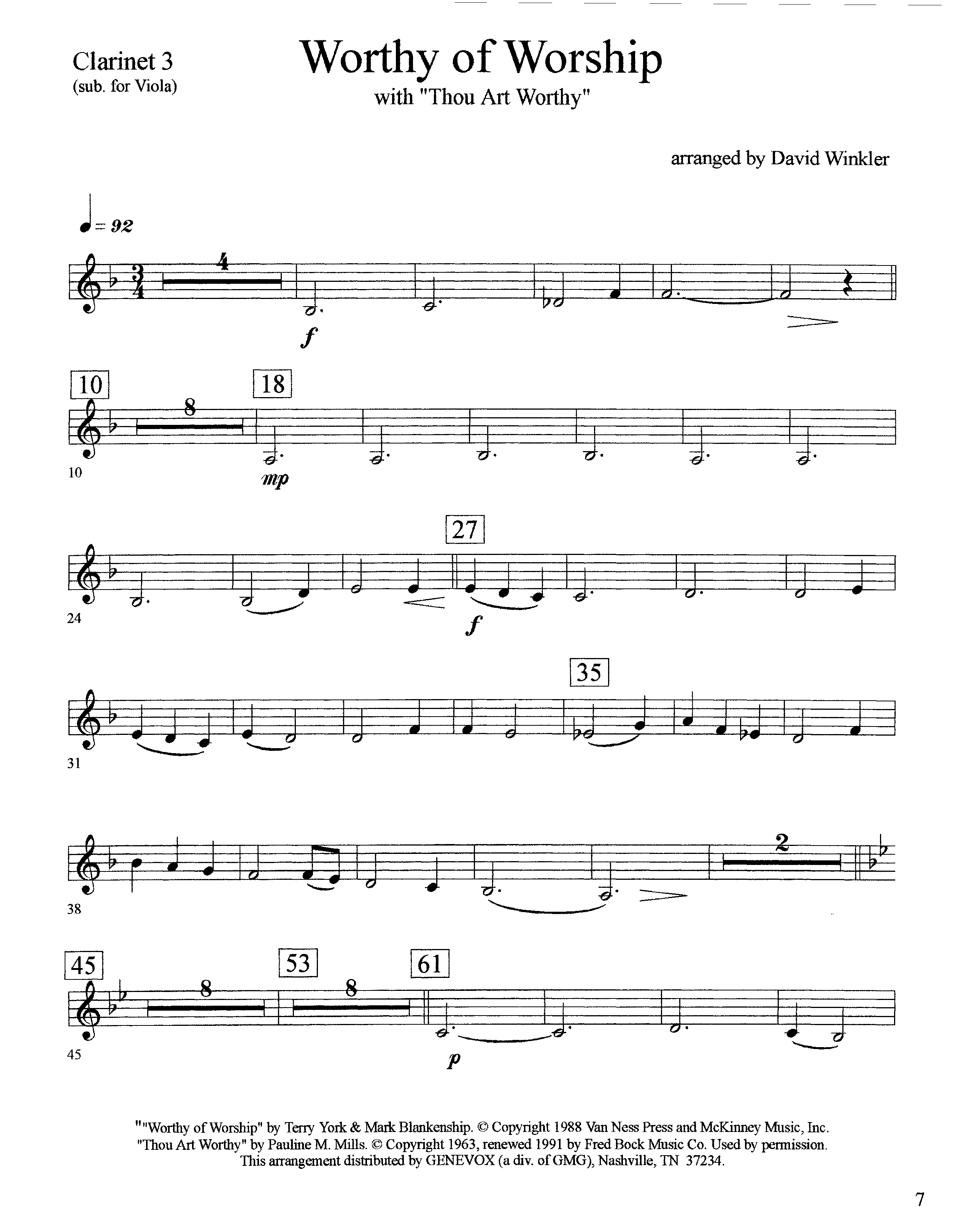Worthy Of Worship (with Thou Art Worthy) (Instrumental) Clarinet 3 (Lifeway Worship / Arr. David Winkler)