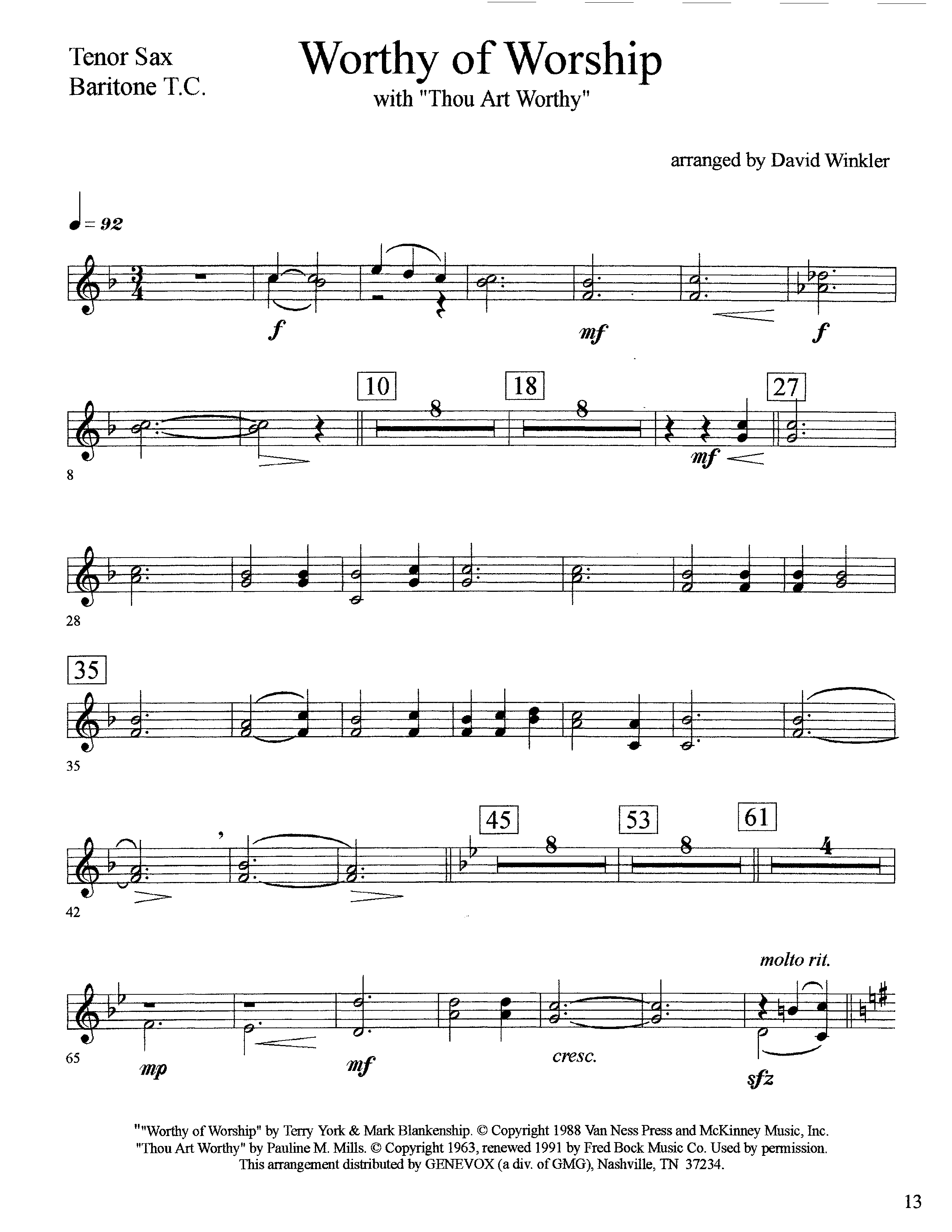 Worthy Of Worship (with Thou Art Worthy) (Instrumental) Tenor Sax/Baritone T.C. (Lifeway Worship / Arr. David Winkler)
