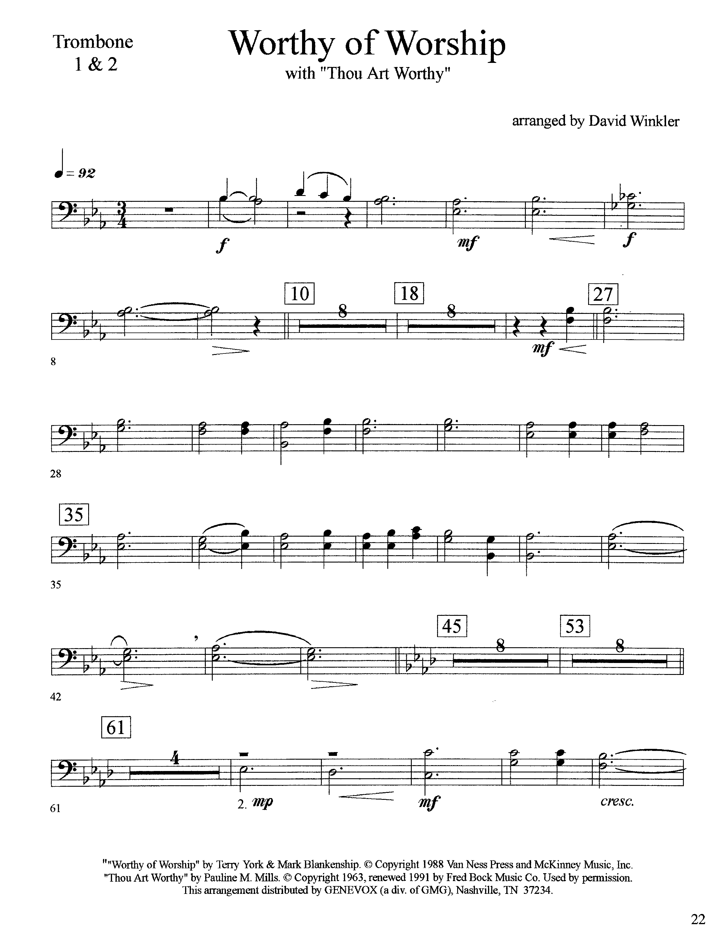 Worthy Of Worship (with Thou Art Worthy) (Instrumental) Trombone 1/2 (Lifeway Worship / Arr. David Winkler)