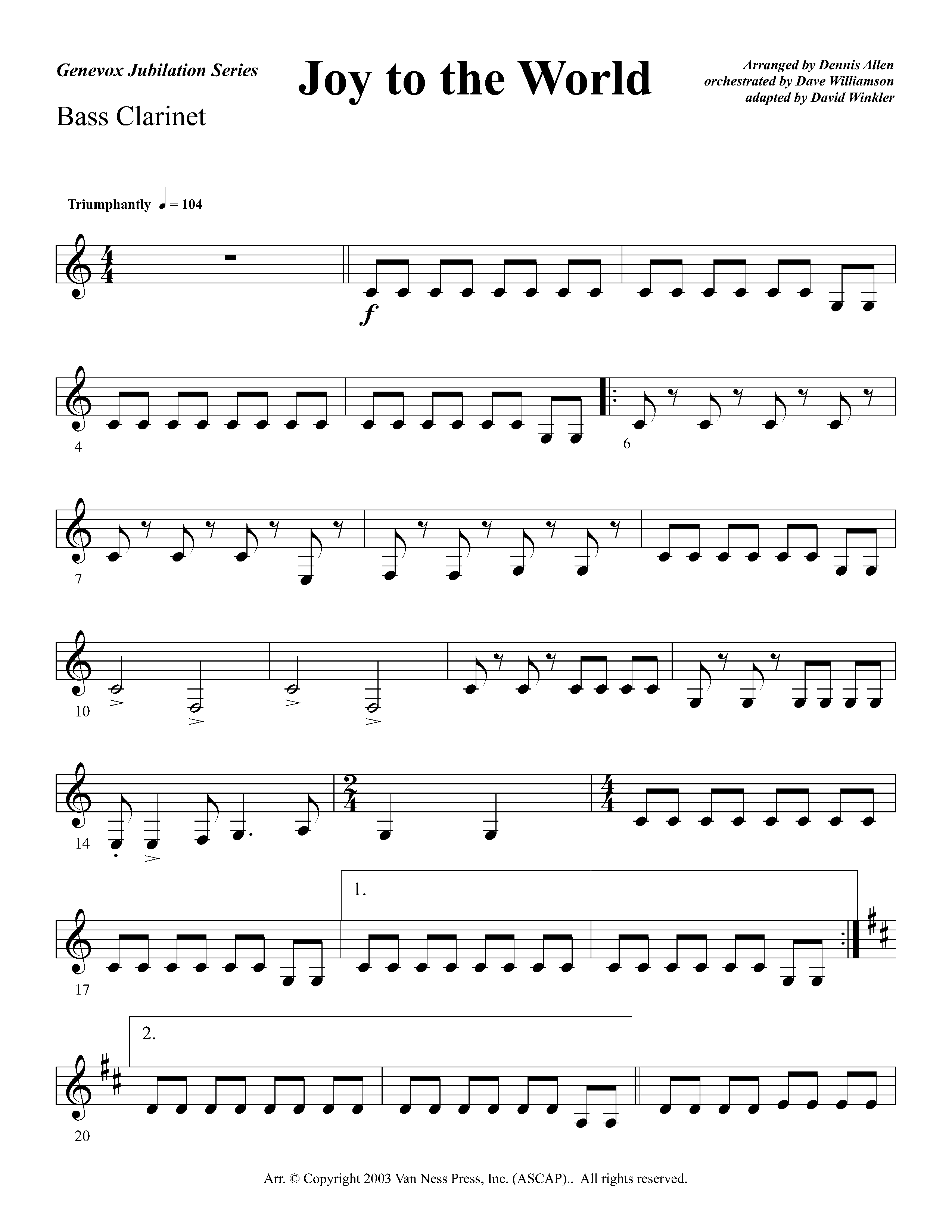 Joy To The World Overture (Instrumental) Bass Clarinet (Lifeway Worship / Arr. Dennis Allen / Orch. Dave Williamson / Orch. David Winkler)