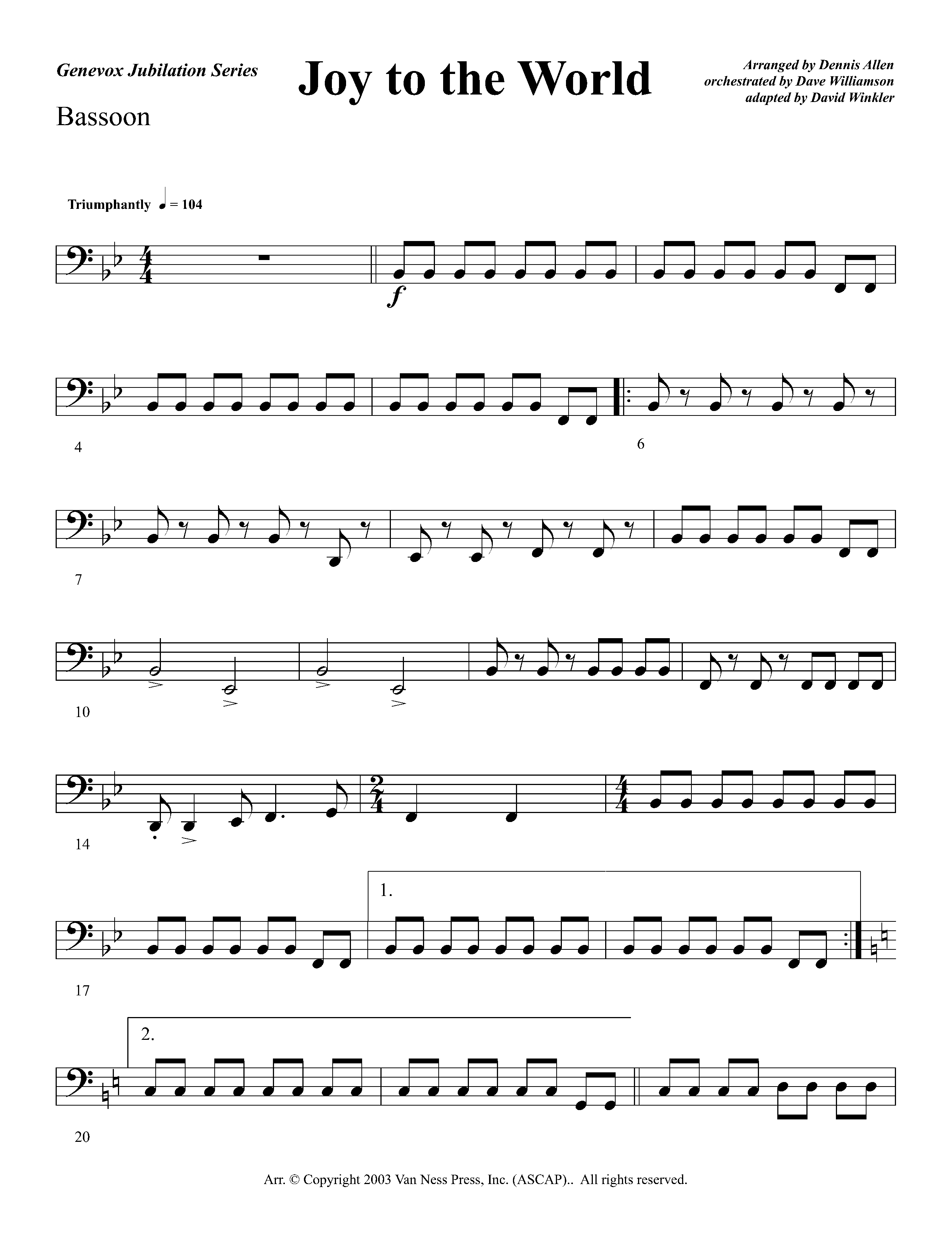 Joy To The World Overture (Instrumental) Bassoon (Lifeway Worship / Arr. Dennis Allen / Orch. Dave Williamson / Orch. David Winkler)