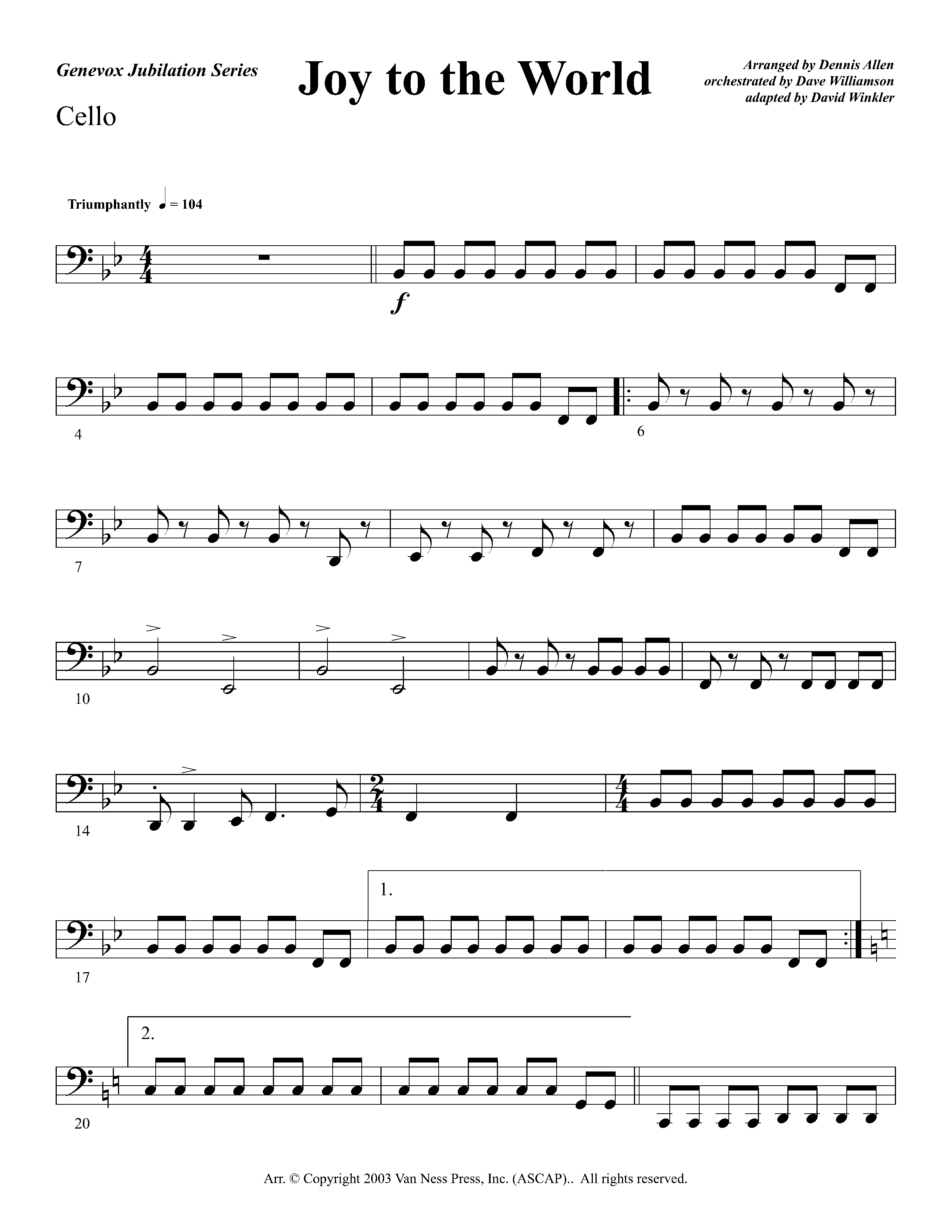 Joy To The World Overture (Instrumental) Cello (Lifeway Worship / Arr. Dennis Allen / Orch. Dave Williamson / Orch. David Winkler)