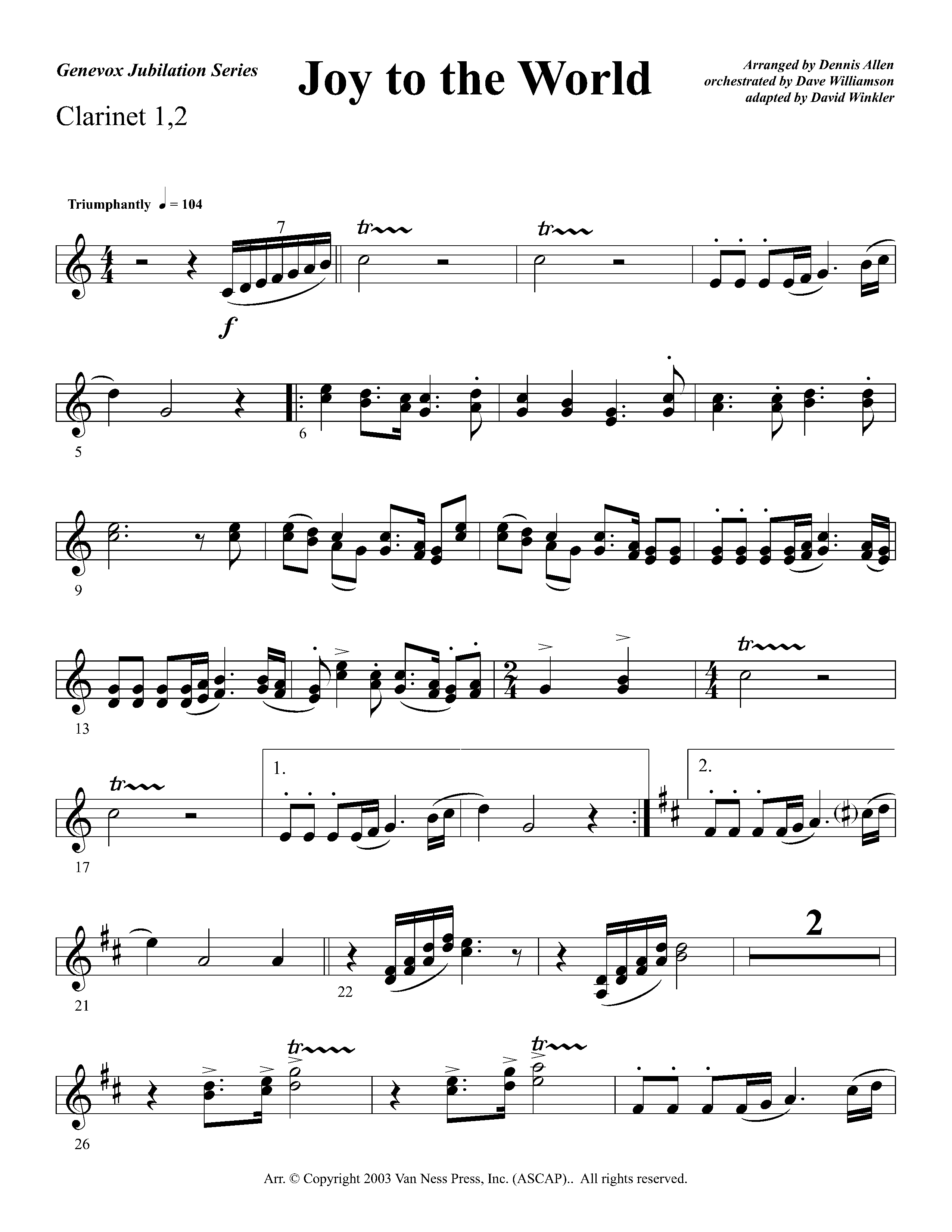 Joy To The World Overture (Instrumental) Clarinet 1/2 (Lifeway Worship / Arr. Dennis Allen / Orch. Dave Williamson / Orch. David Winkler)