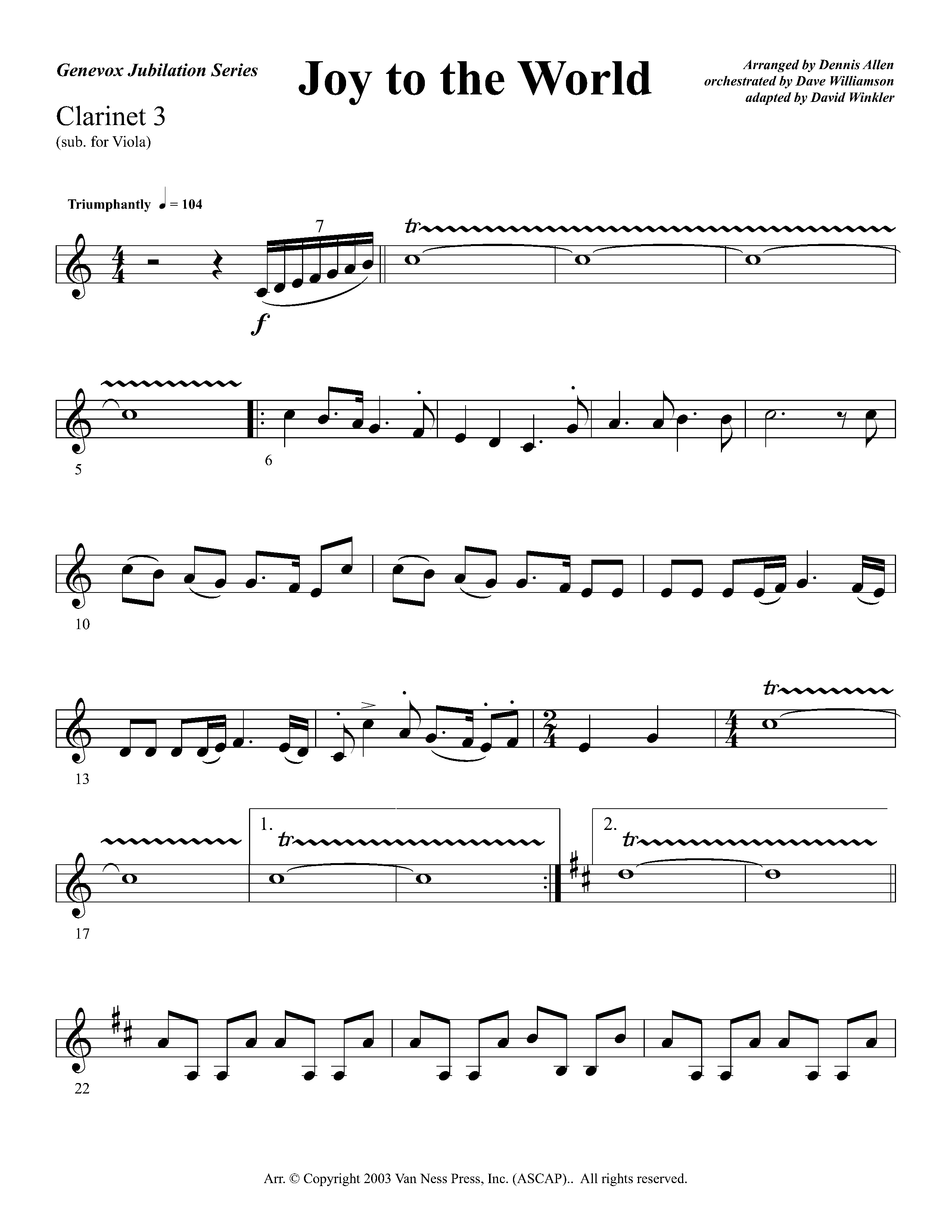 Joy To The World Overture (Instrumental) Clarinet 3 (Lifeway Worship / Arr. Dennis Allen / Orch. Dave Williamson / Orch. David Winkler)