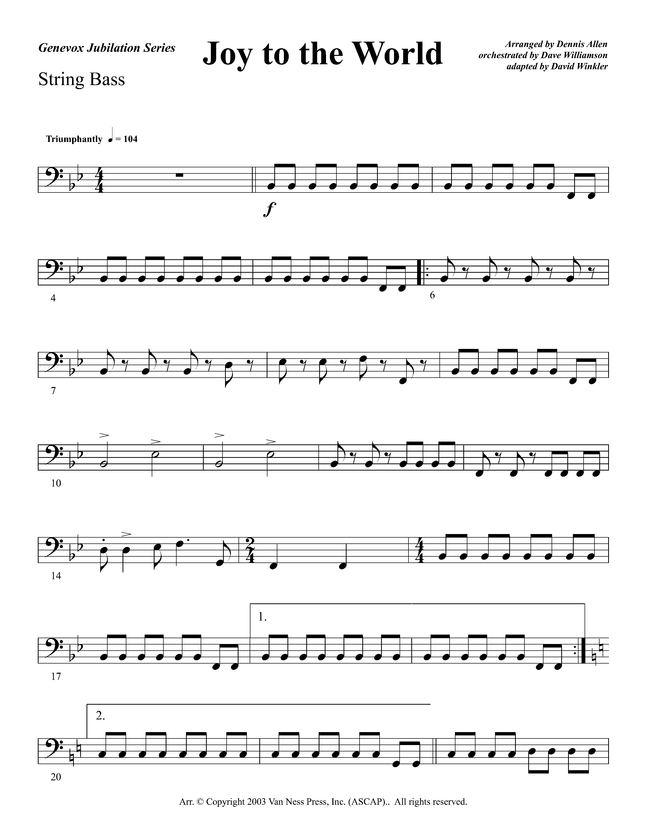 Joy To The World Overture (Instrumental) Double Bass (Lifeway Worship / Arr. Dennis Allen / Orch. Dave Williamson / Orch. David Winkler)