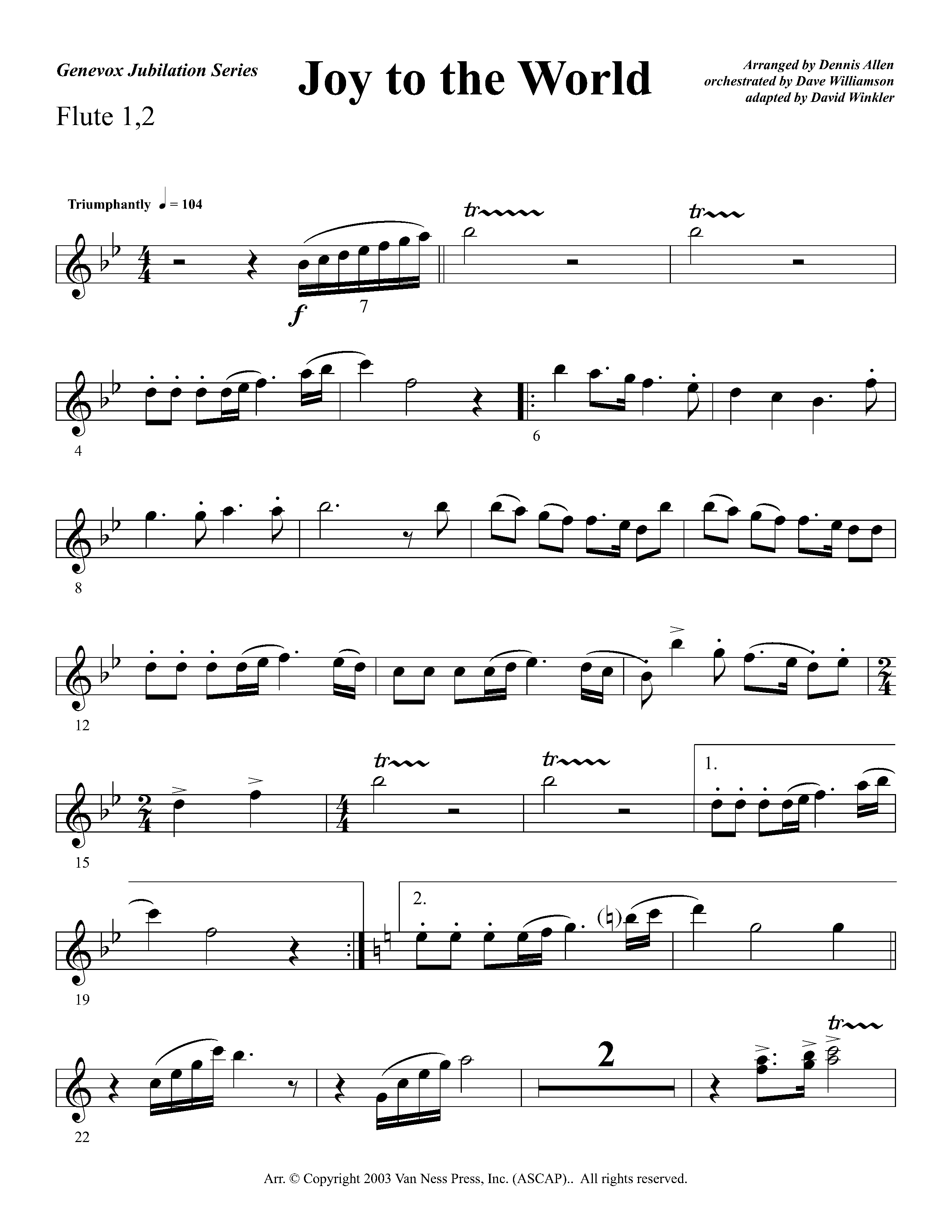 Joy To The World Overture (Instrumental) Flute 1/2 (Lifeway Worship / Arr. Dennis Allen / Orch. Dave Williamson / Orch. David Winkler)