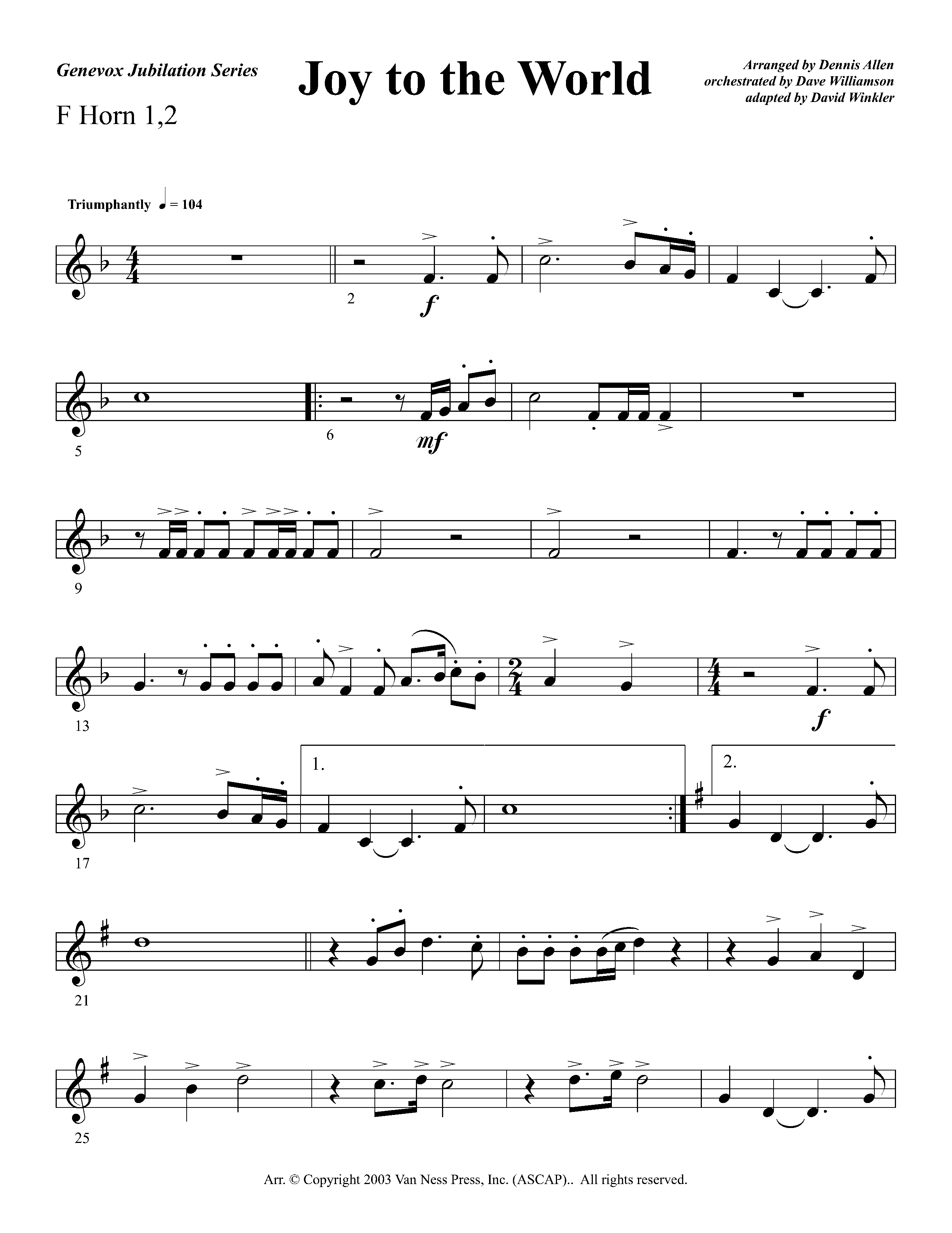 Joy To The World Overture (Instrumental) French Horn 1/2 (Lifeway Worship / Arr. Dennis Allen / Orch. Dave Williamson / Orch. David Winkler)