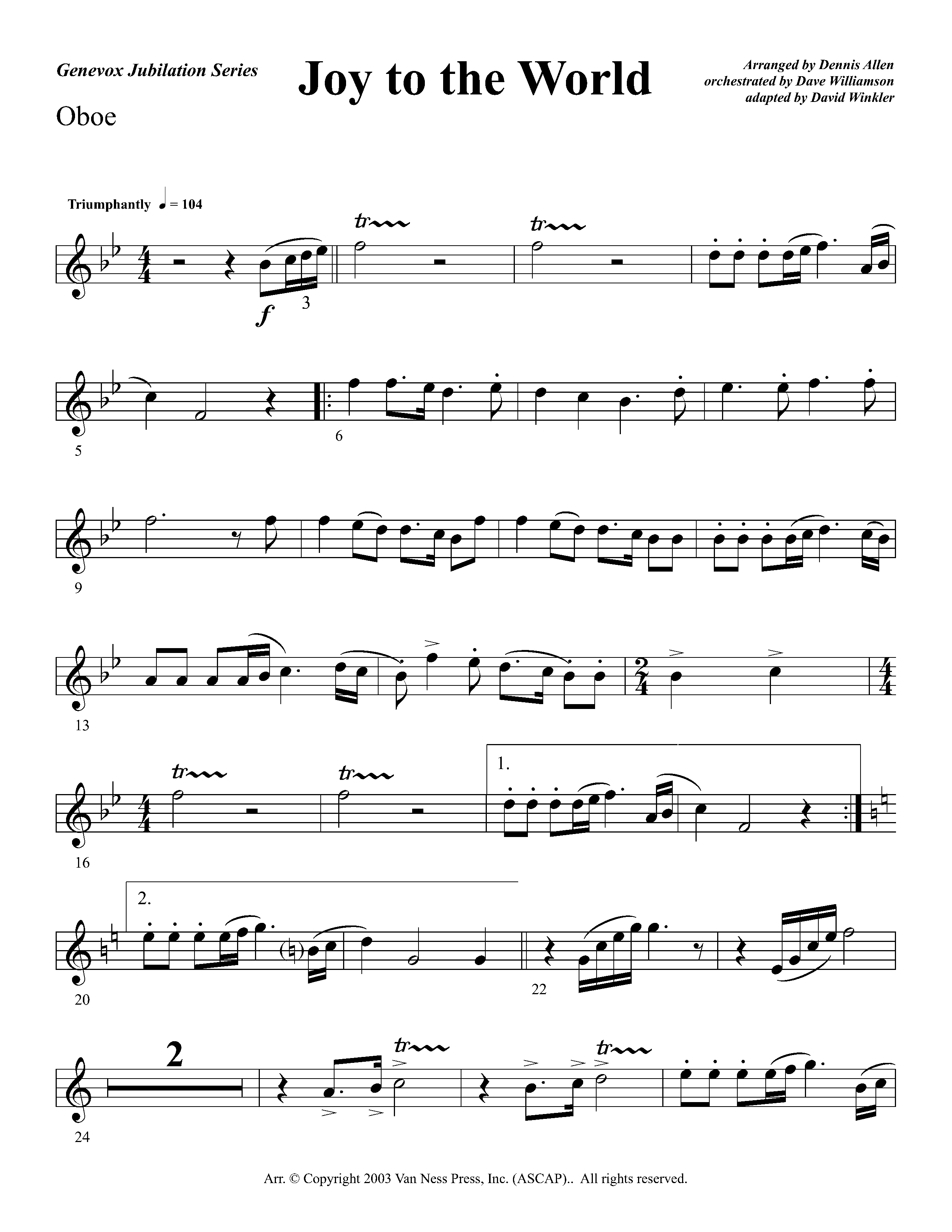 Joy To The World Overture (Instrumental) Oboe (Lifeway Worship / Arr. Dennis Allen / Orch. Dave Williamson / Orch. David Winkler)