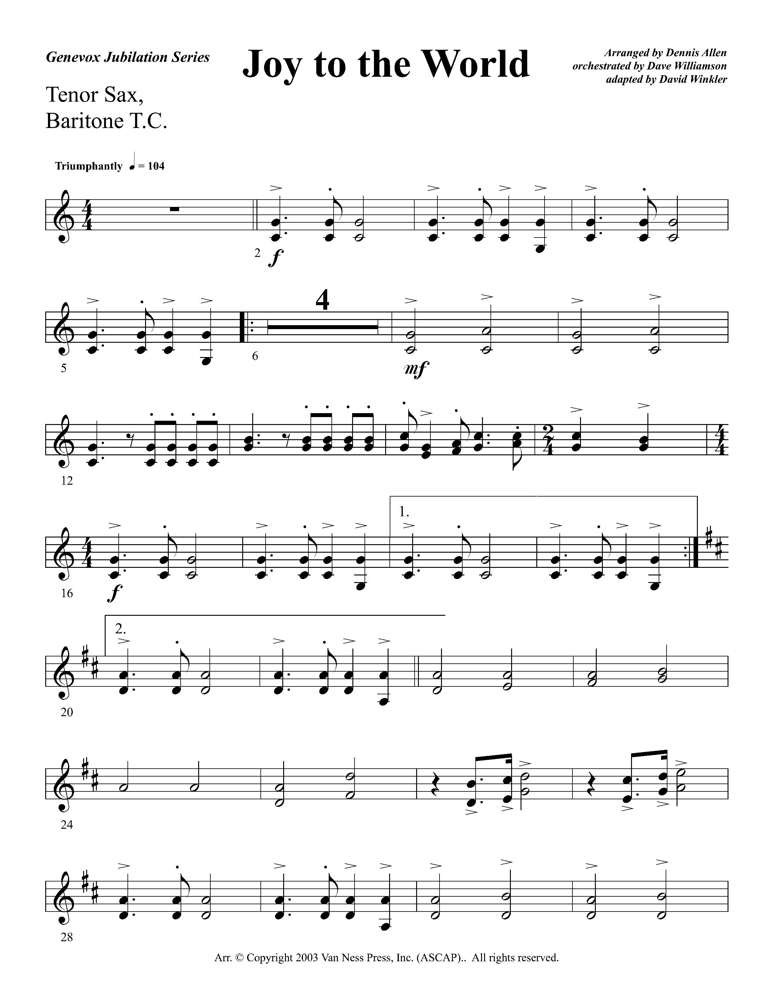 Joy To The World Overture (Instrumental) Tenor Sax/Baritone T.C. (Lifeway Worship / Arr. Dennis Allen / Orch. Dave Williamson / Orch. David Winkler)