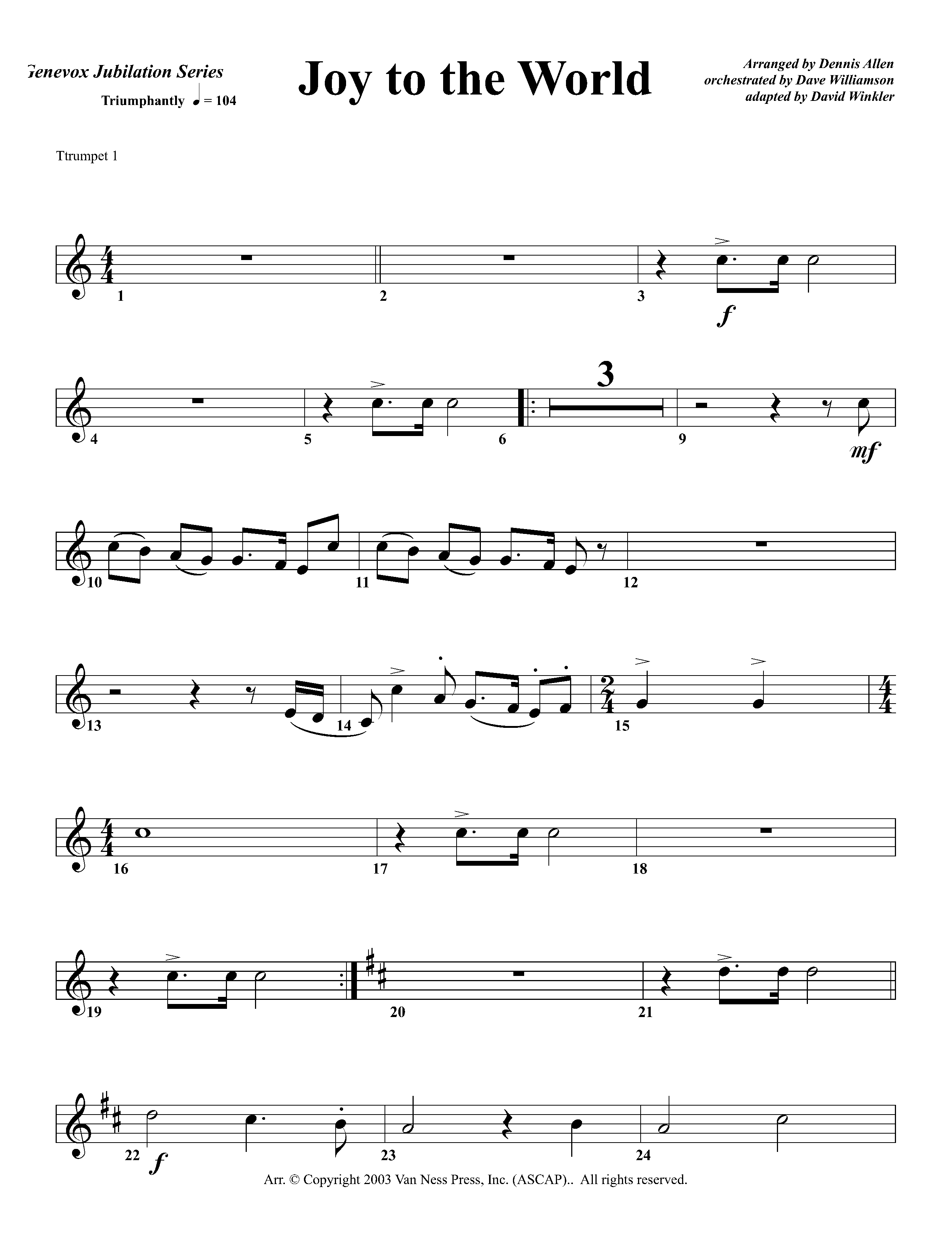 Joy To The World Overture (Instrumental) Trumpet 1 (Lifeway Worship / Arr. Dennis Allen / Orch. Dave Williamson / Orch. David Winkler)