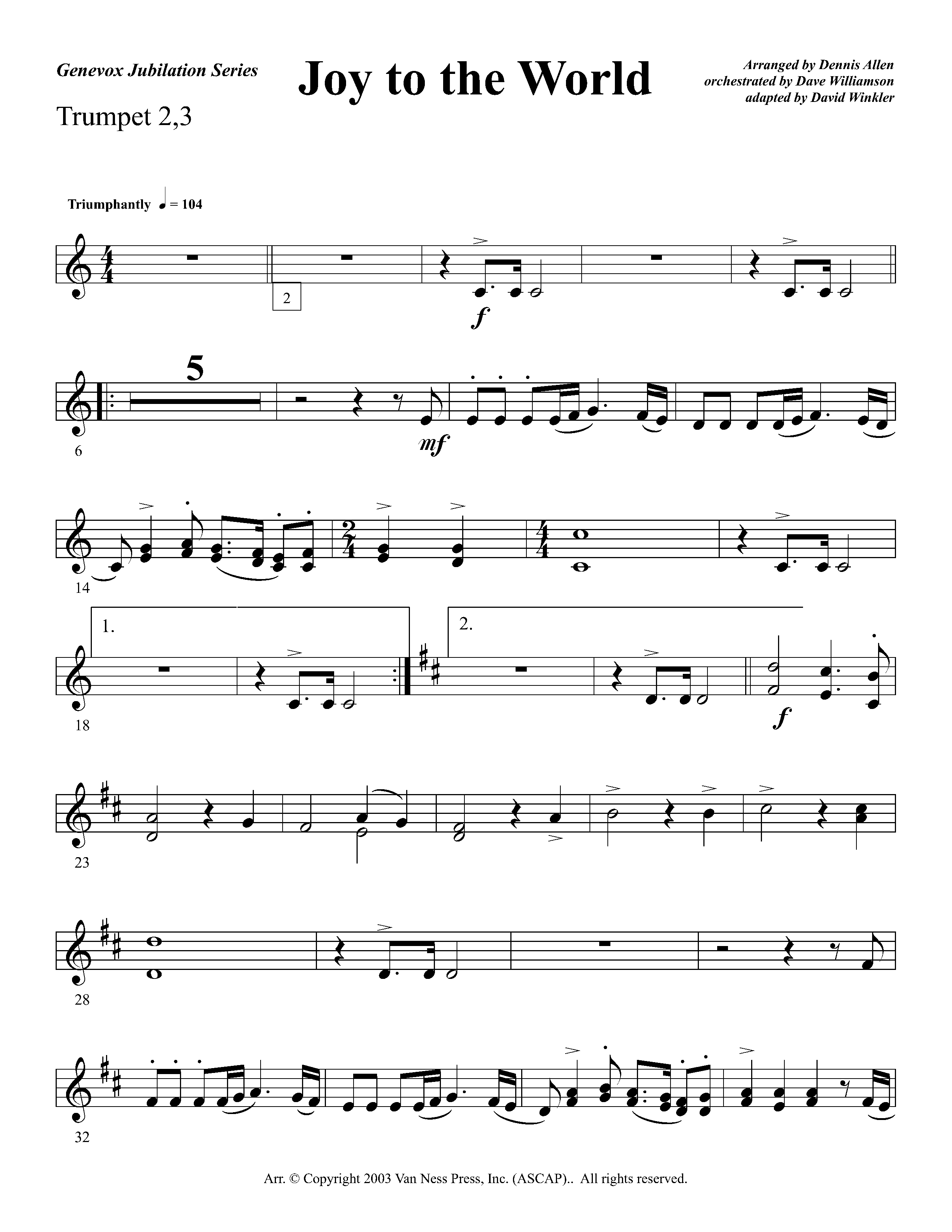 Joy To The World Overture (Instrumental) Trumpet 2/3 (Lifeway Worship / Arr. Dennis Allen / Orch. Dave Williamson / Orch. David Winkler)