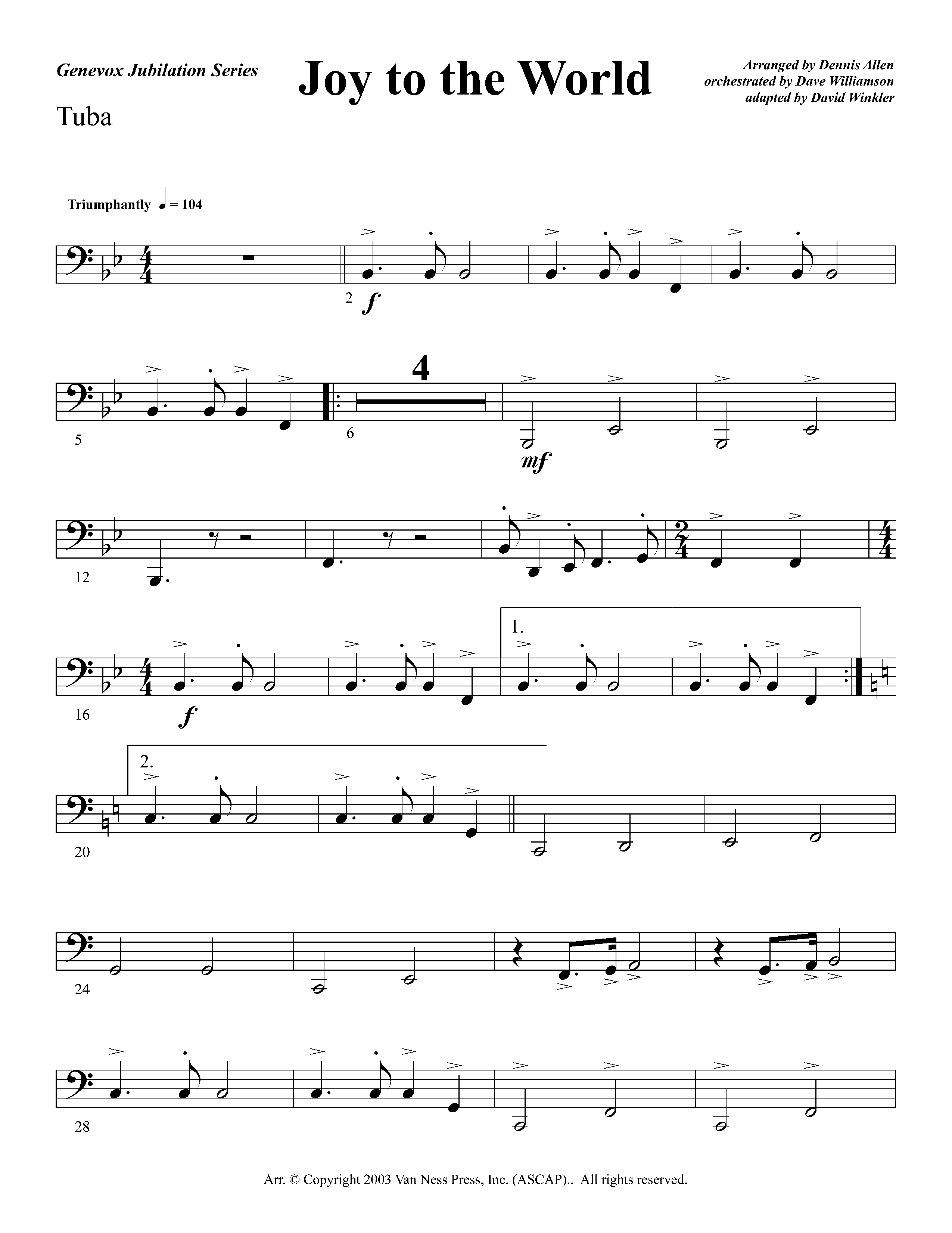 Joy To The World Overture (Instrumental) Tuba (Lifeway Worship / Arr. Dennis Allen / Orch. Dave Williamson / Orch. David Winkler)