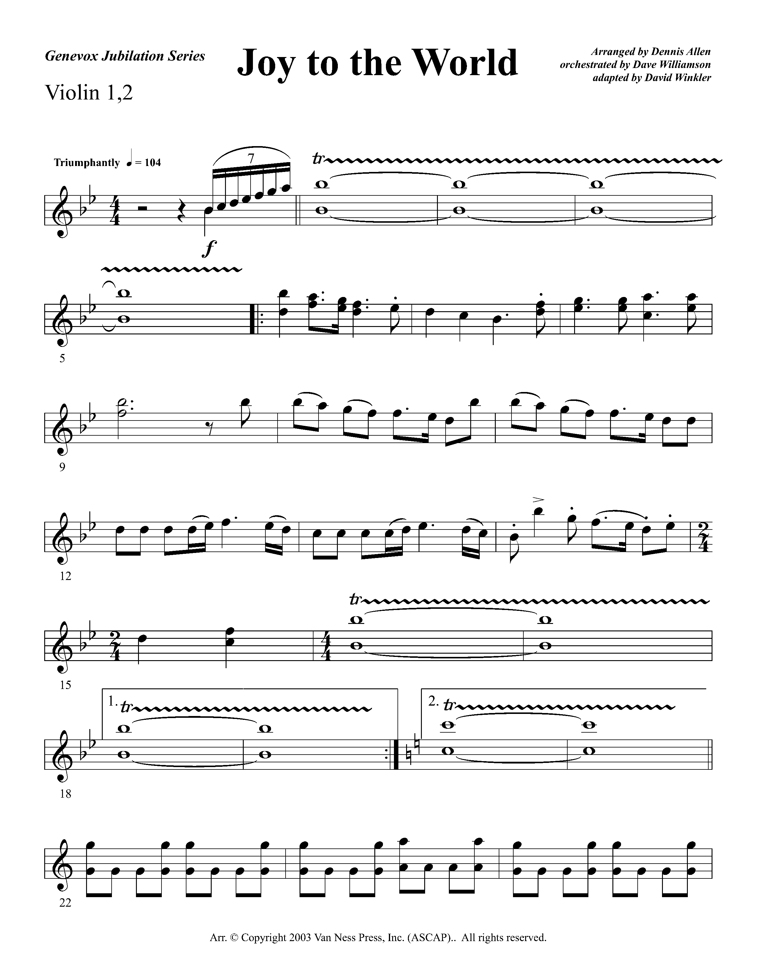 Joy To The World Overture (Instrumental) Violin 1/2 (Lifeway Worship / Arr. Dennis Allen / Orch. Dave Williamson / Orch. David Winkler)